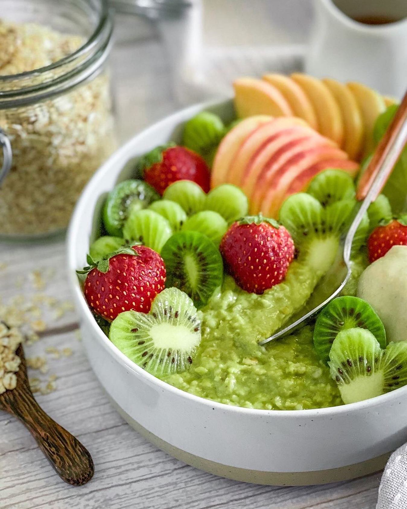 Creamy Matcha Oats with Whipped Tahini and Fruits