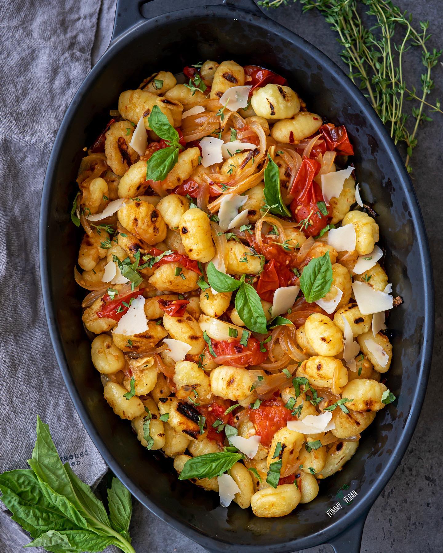 Grilled Gnocchi with Roasted Tomatoes and Fresh Herbs