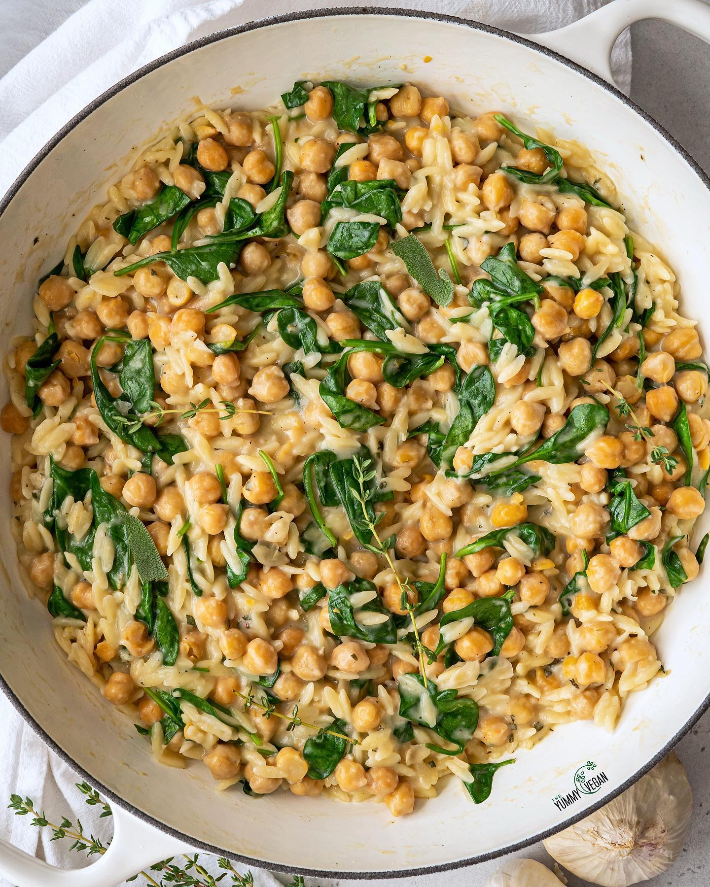 Creamy Garlicky Chickpea Butter Chunks with Orzo