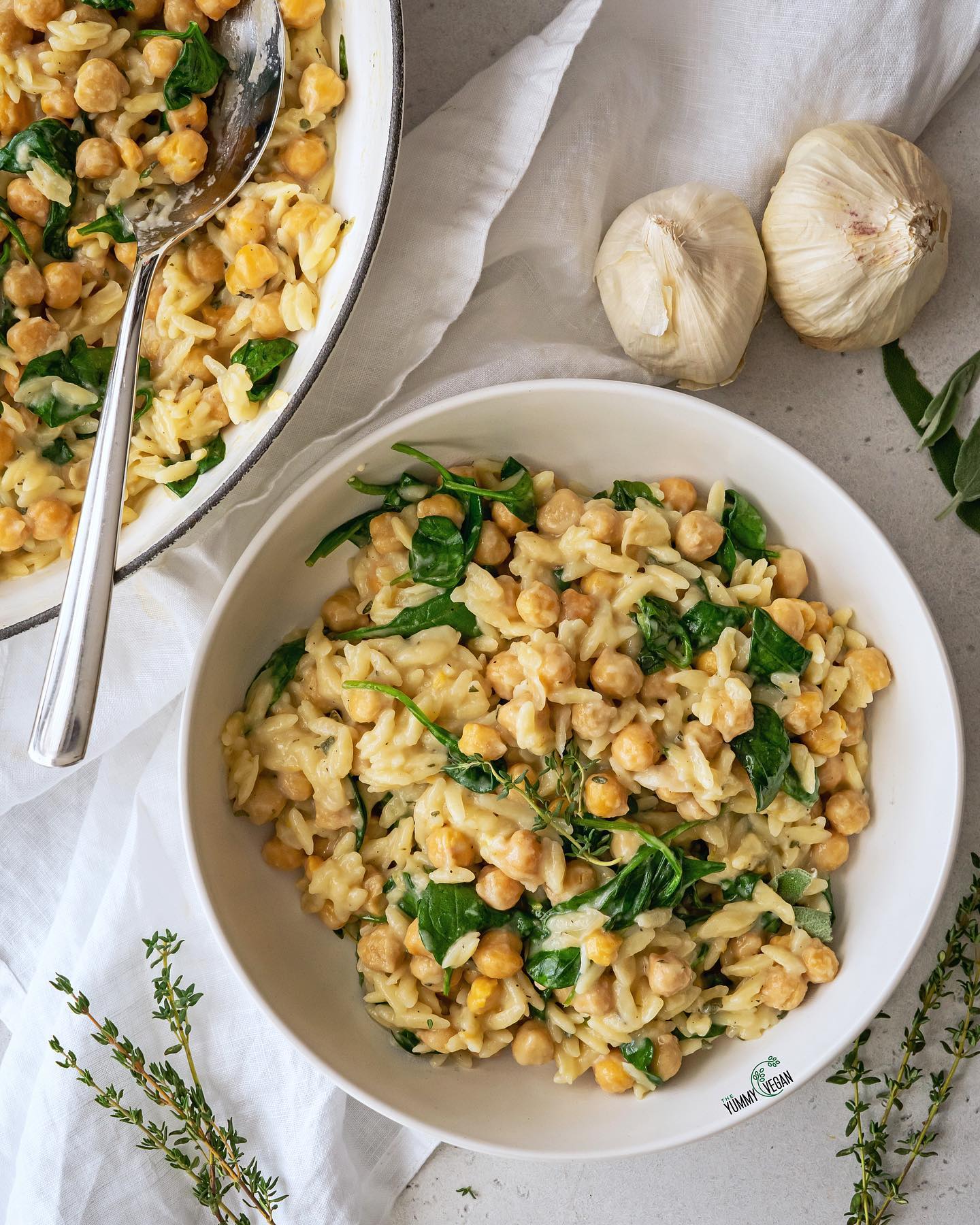 Creamy Garlicky Chickpea Butter Chunks with Orzo