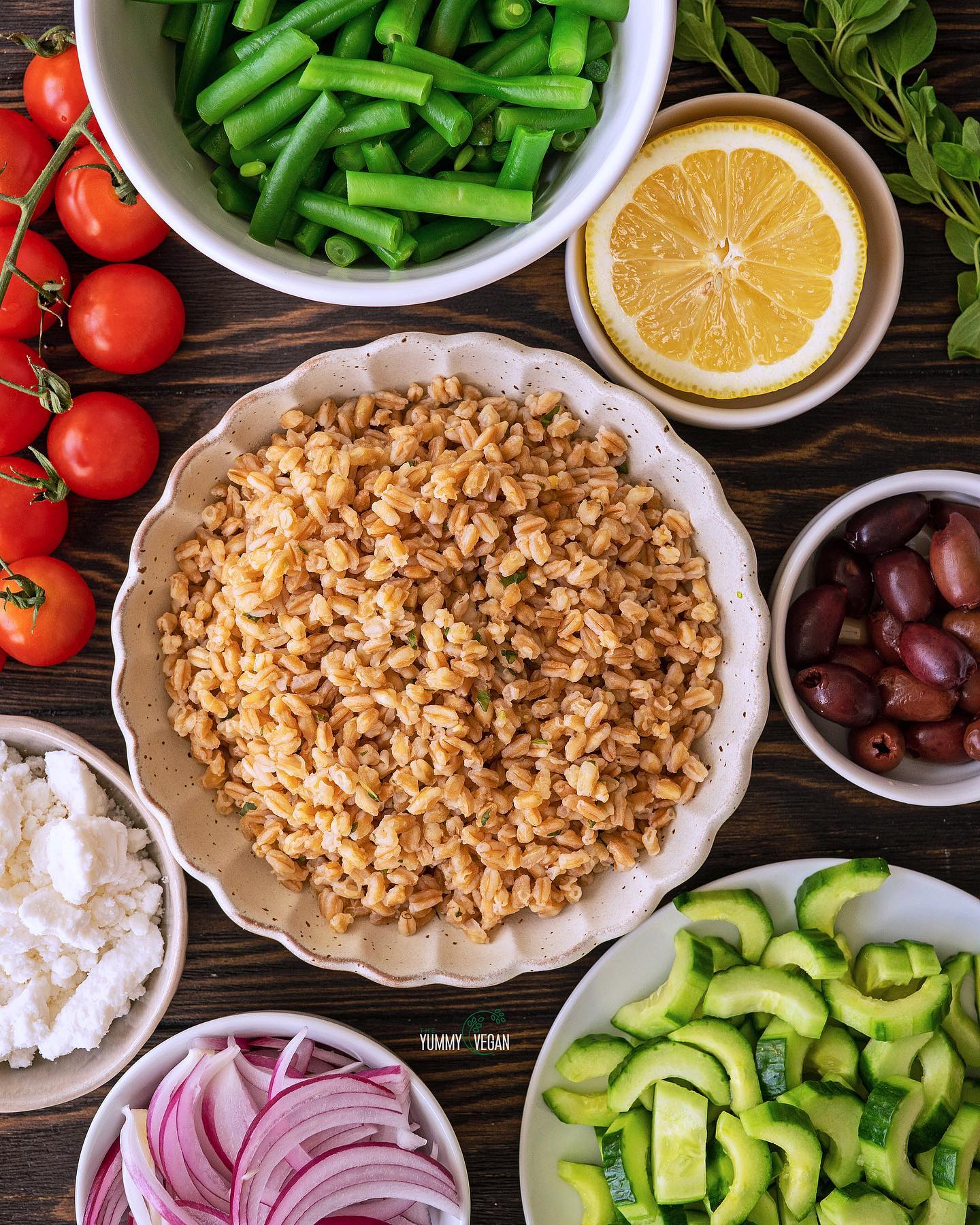Greek-Inspired Farro Salad with Vegan Feta