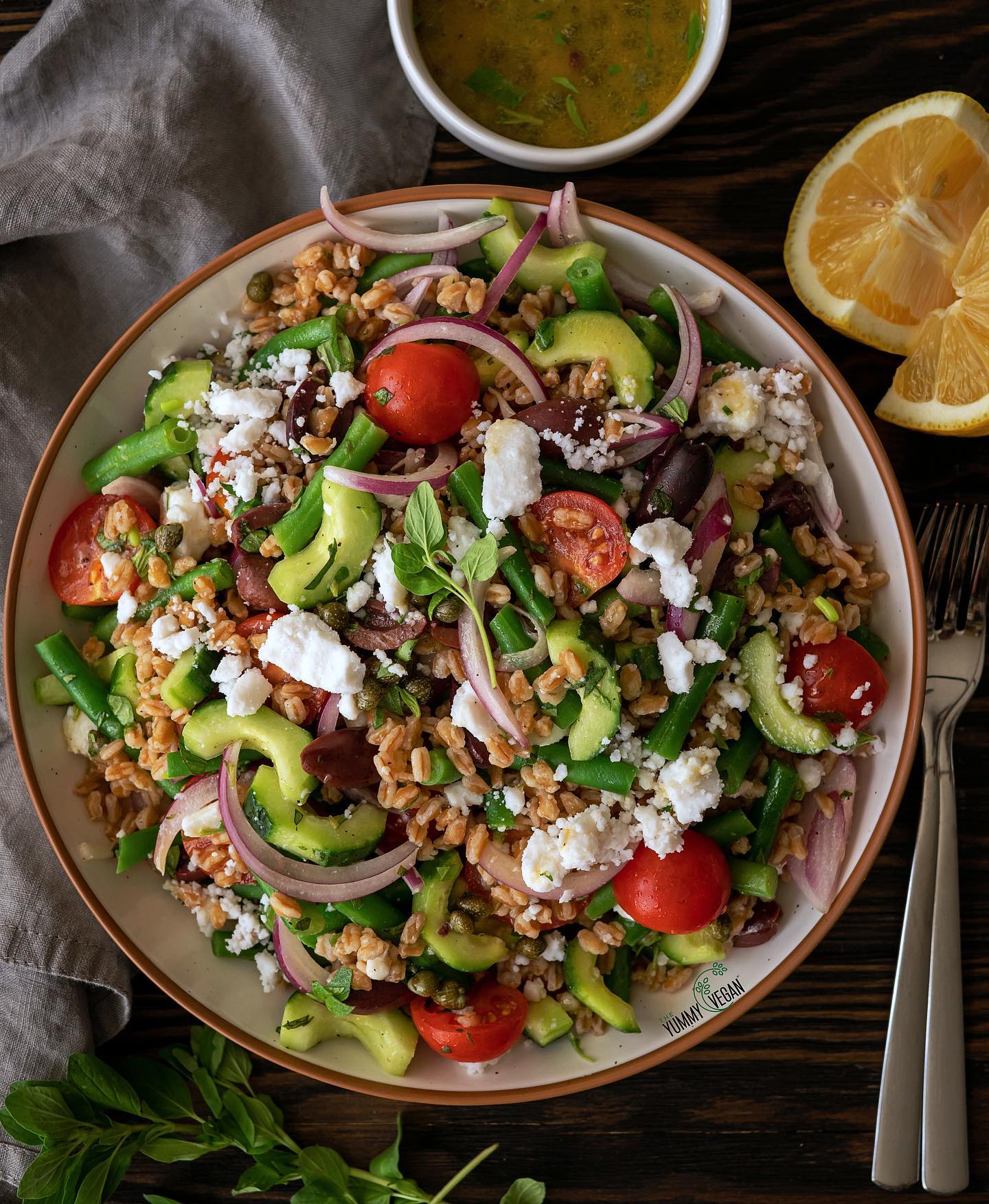 Greek-Inspired Farro Salad with Vegan Feta