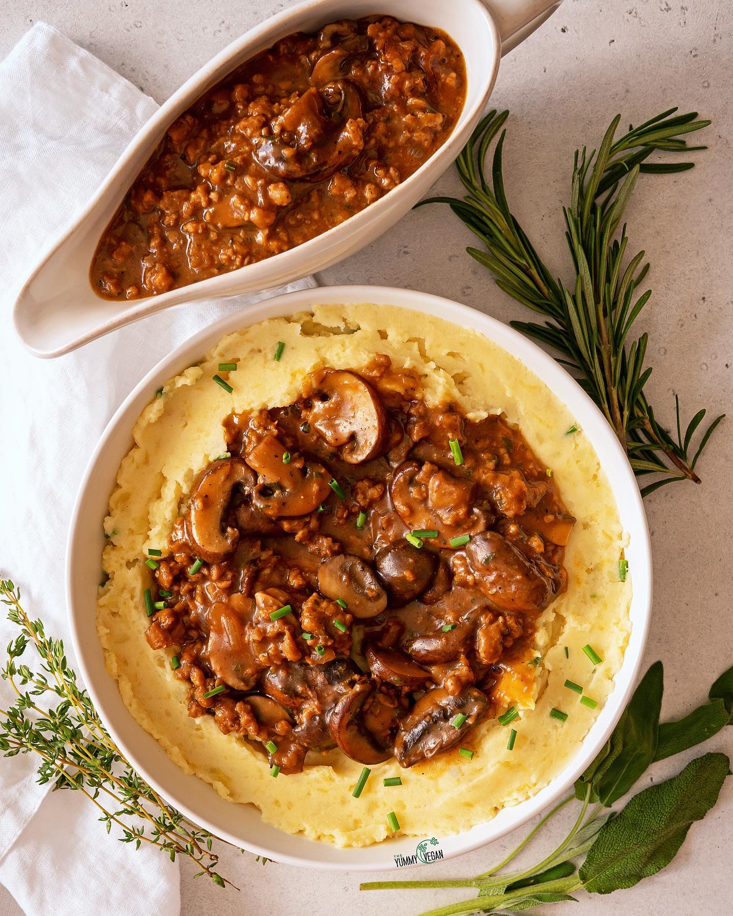 Umami Mushroom & Sausage Gravy with Creamy Mashed Potatoes