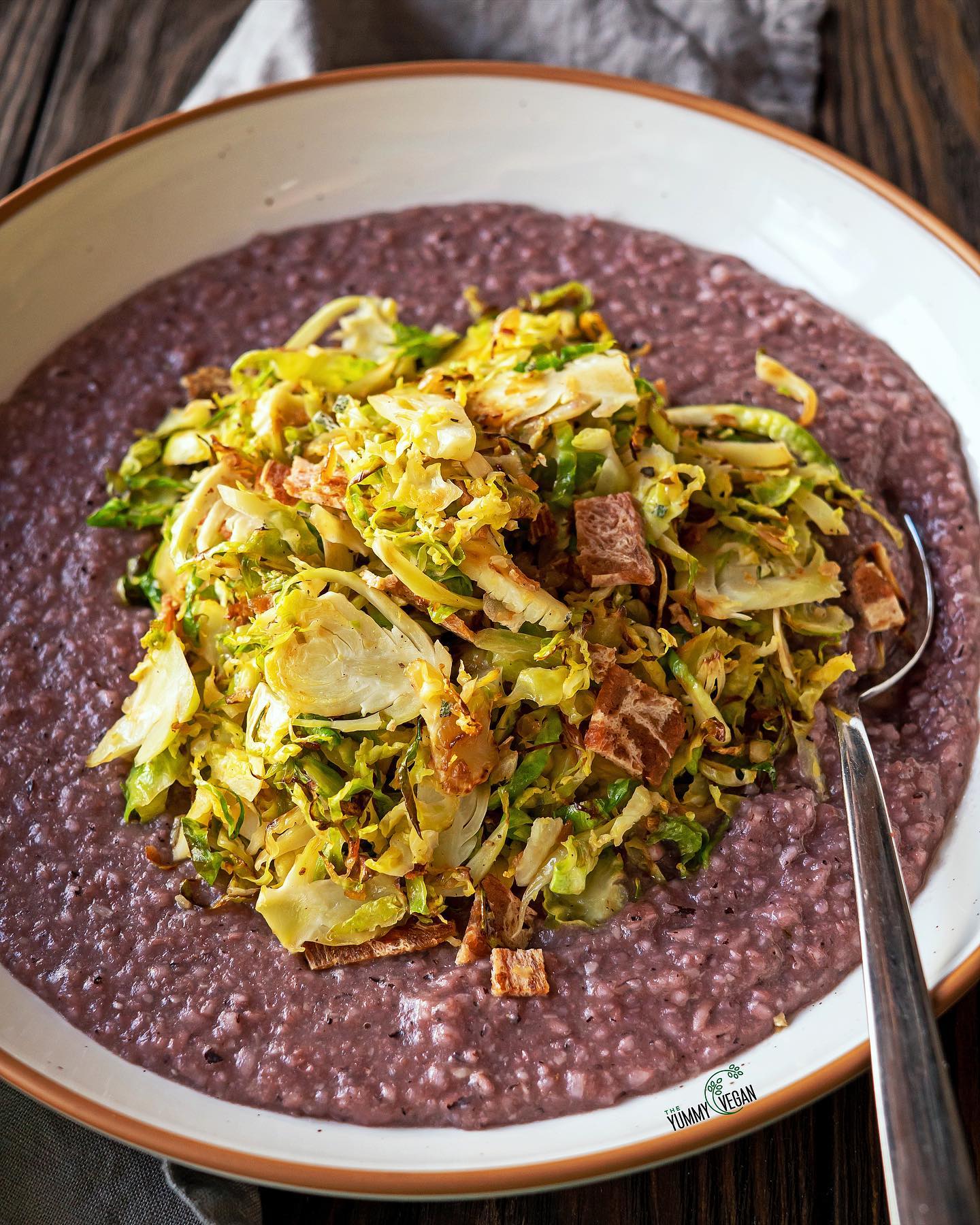 Shaved Brussels Sprouts with Vegan Bacon and Purple Grits
