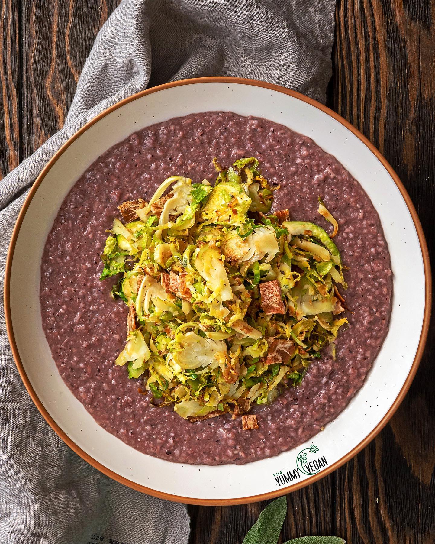 Shaved Brussels Sprouts with Vegan Bacon and Purple Grits