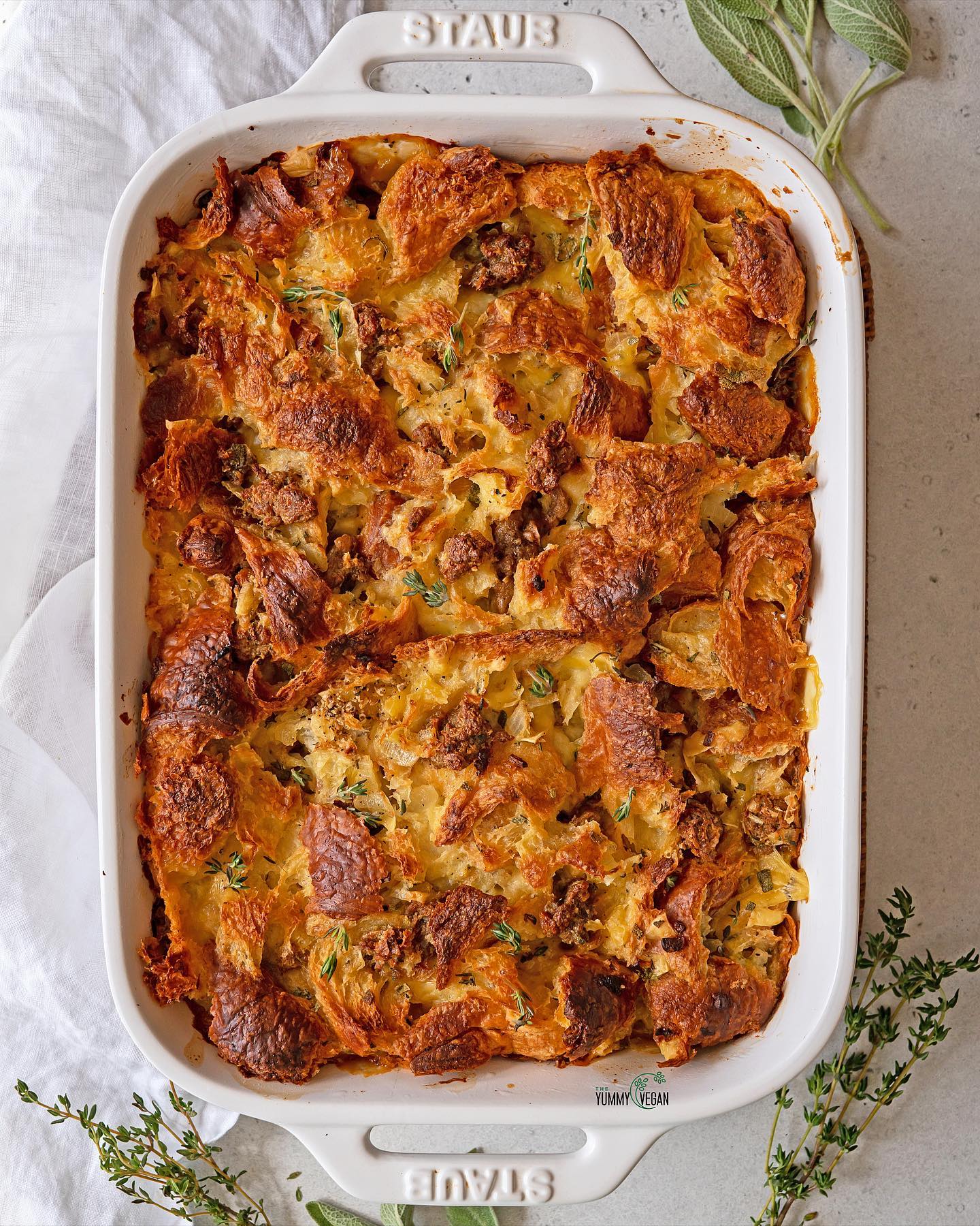 Savory Croissant Bread Pudding with Vegan Sausage and Cheese