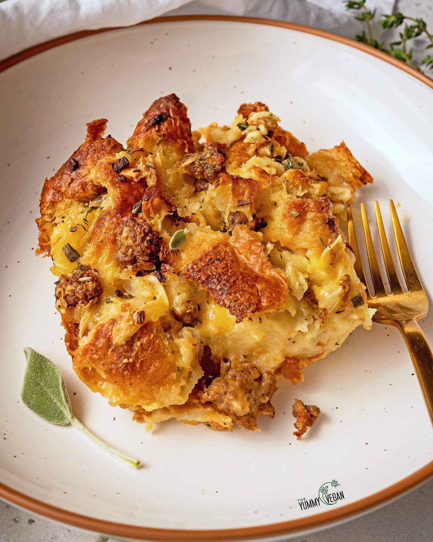 Savory Croissant Bread Pudding with Vegan Sausage and Cheese
