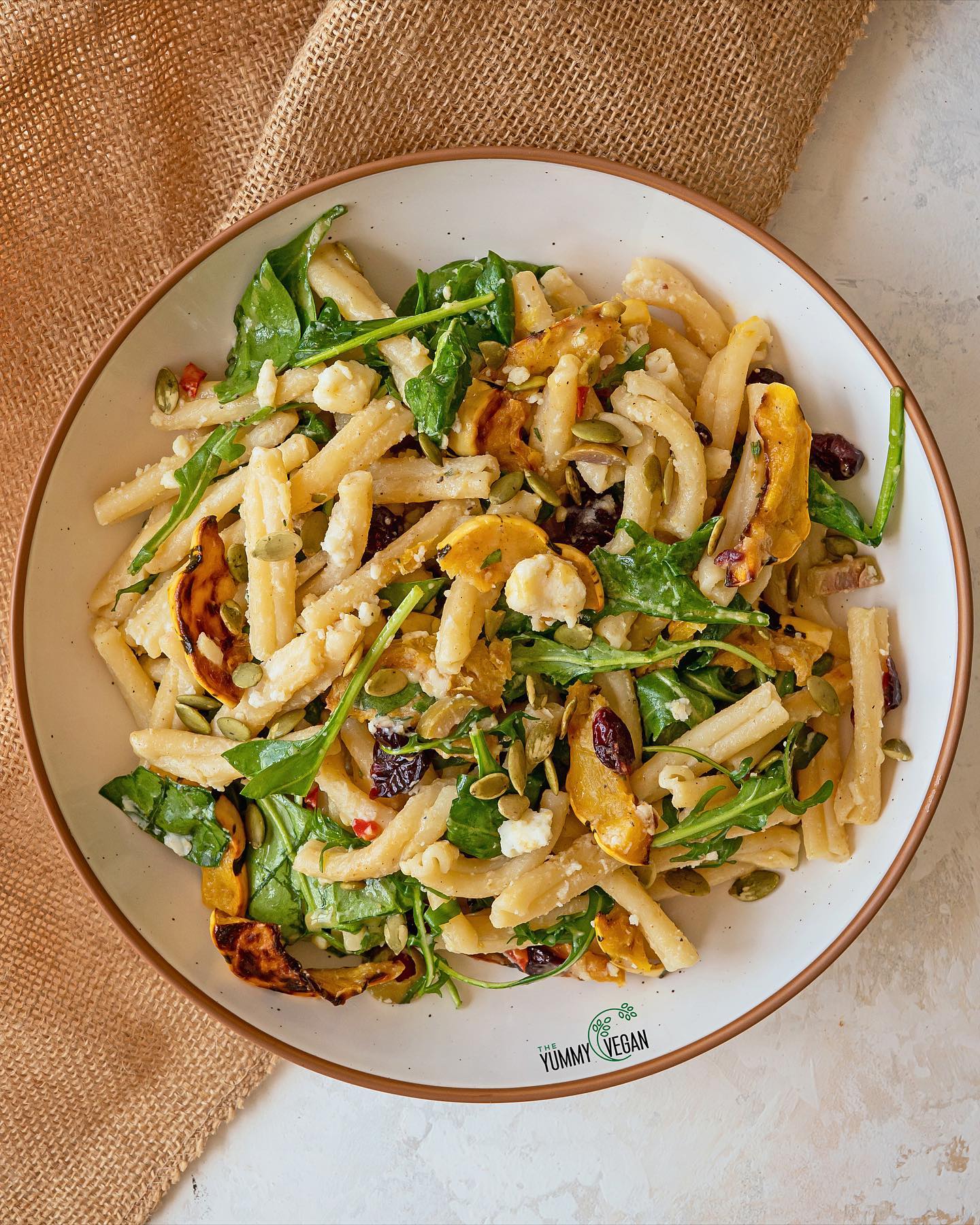 Warm Autumn Pasta Salad with Roasted Delicata Squash and Vegan Blue Cheese