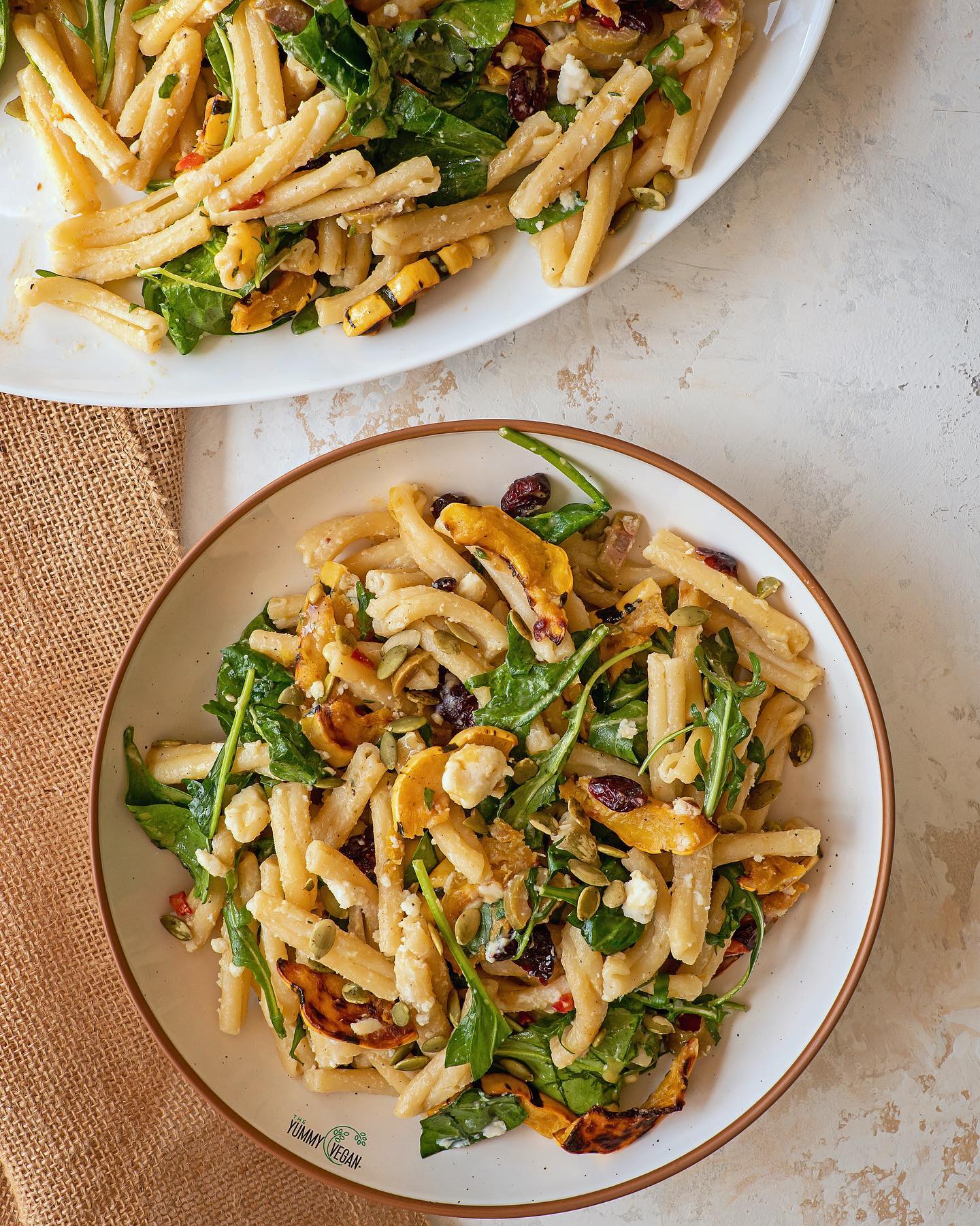 Warm Autumn Pasta Salad with Roasted Delicata Squash and Vegan Blue Cheese
