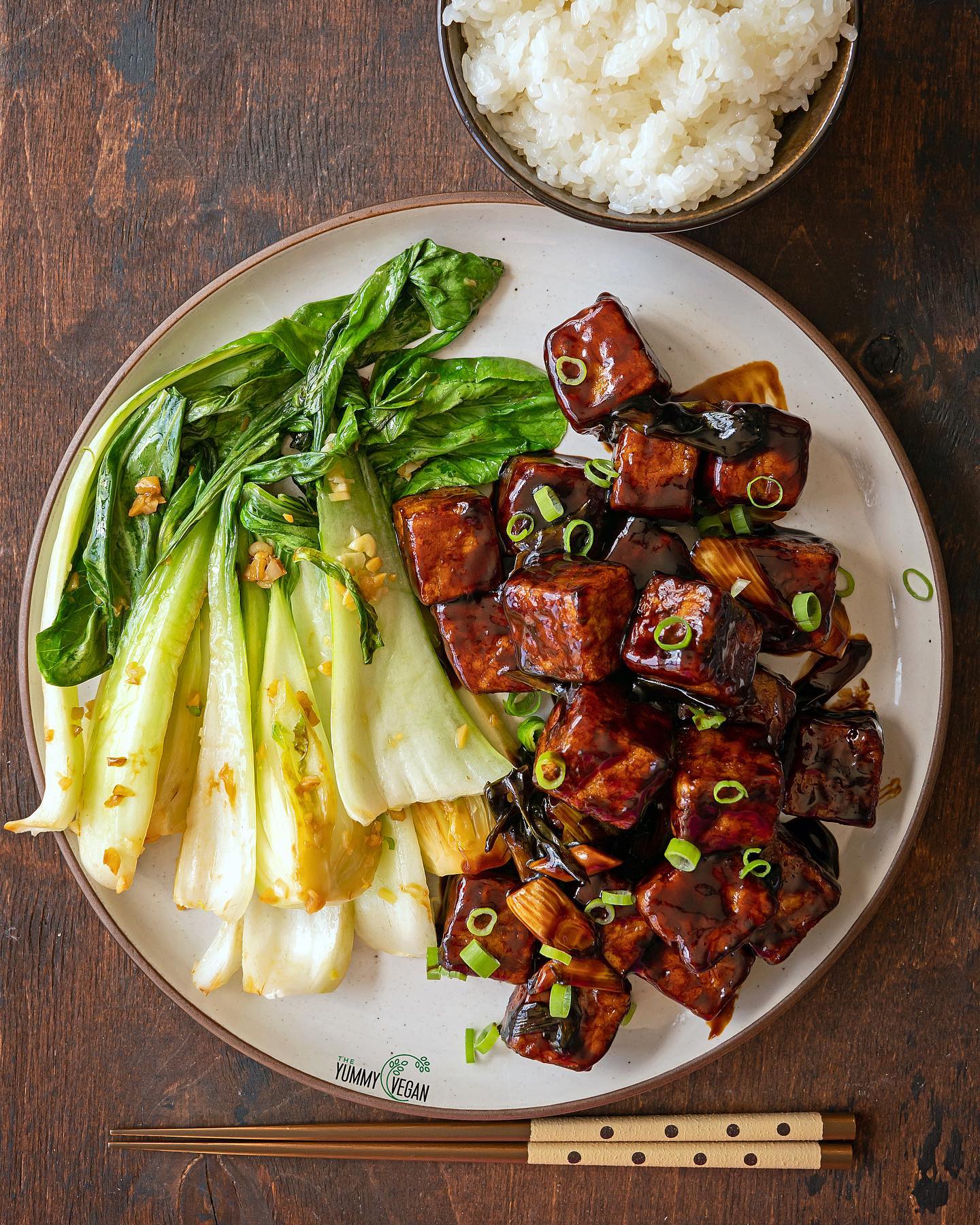 Sticky Teriyaki Tofu with Garlicky Ginger Bok Choy and Rice