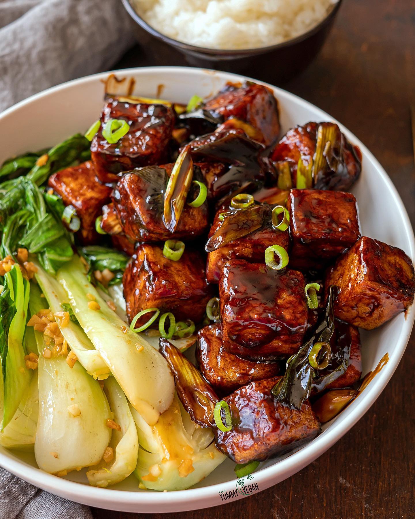 Sticky Teriyaki Tofu with Garlicky Ginger Bok Choy and Rice