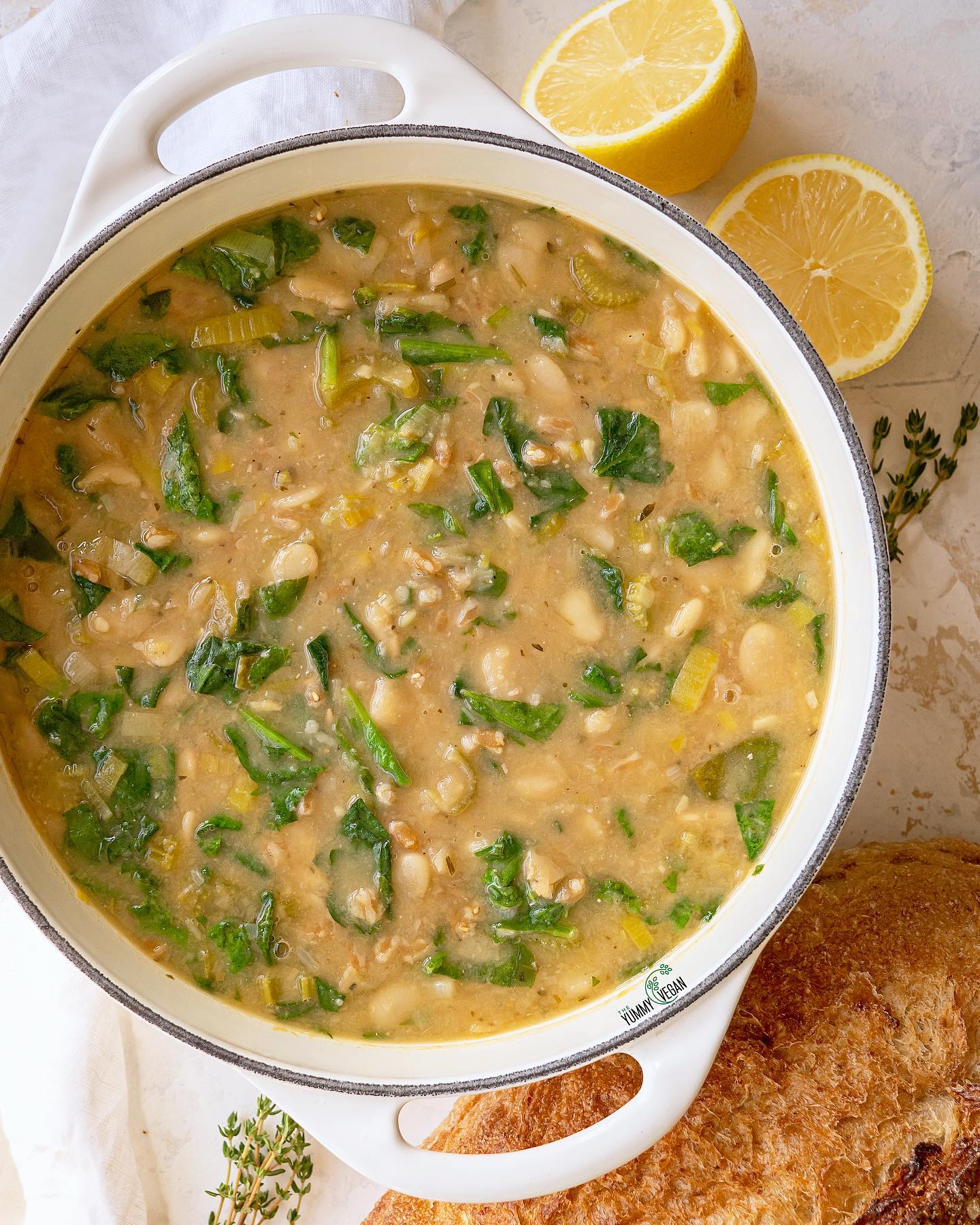 Creamy Butter Bean, Spinach & Farro Soup