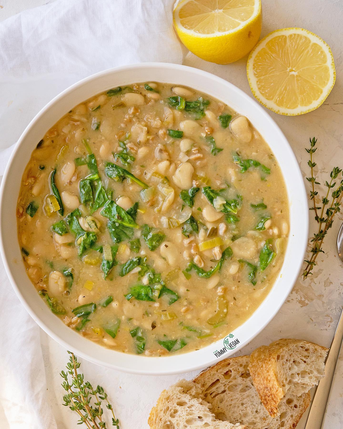 Creamy Butter Bean, Spinach & Farro Soup