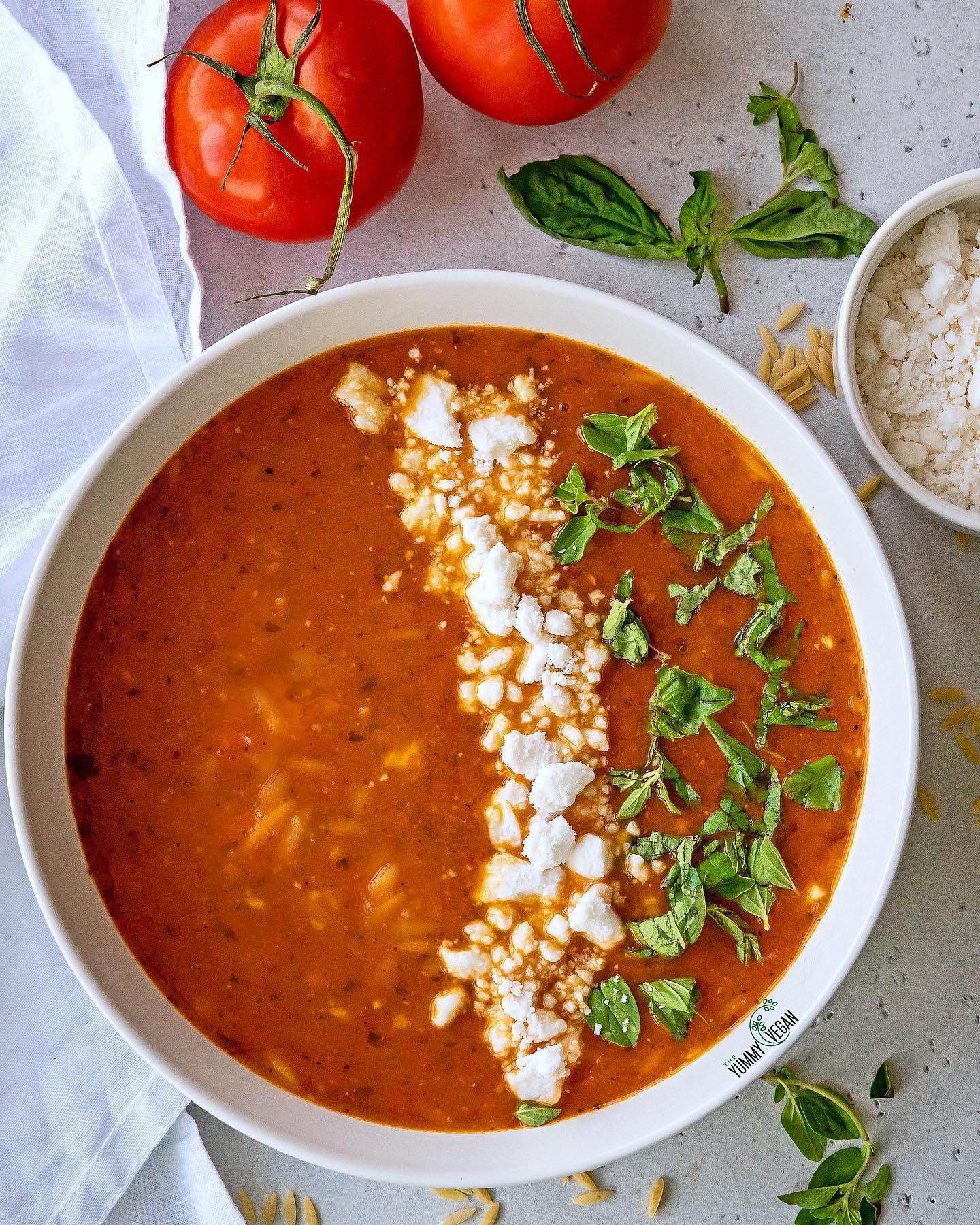 Roasted Tomato Orzo Soup with Fresh Basil & Oregano