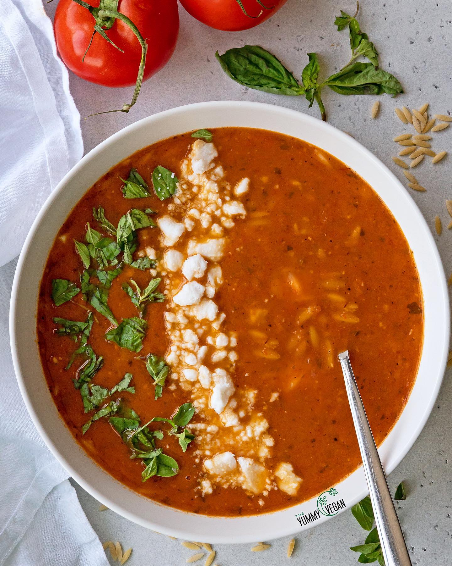 Roasted Tomato Orzo Soup with Fresh Basil & Oregano
