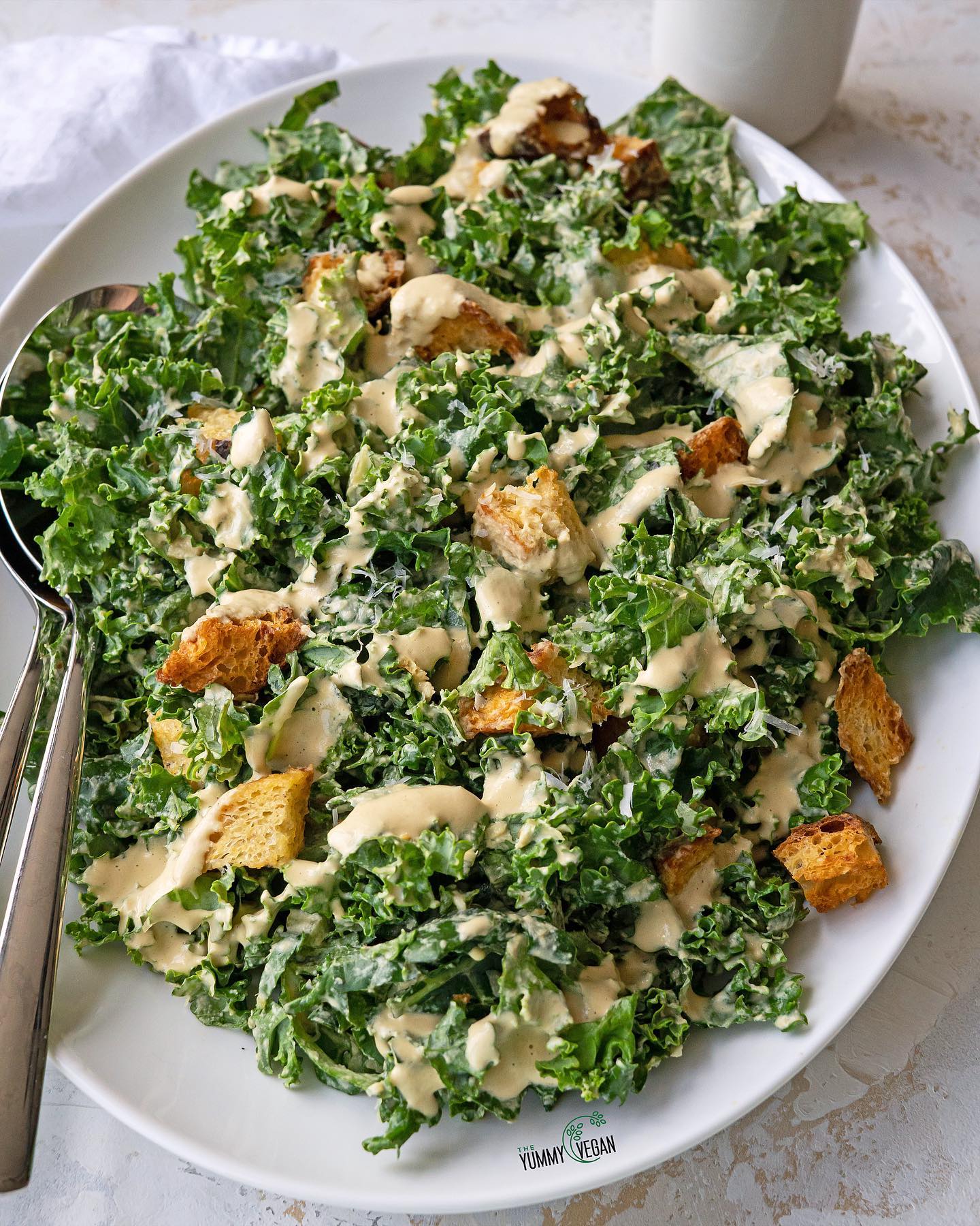 Massaged Kale Caesar Salad with Vegan Parmesan and Croutons
