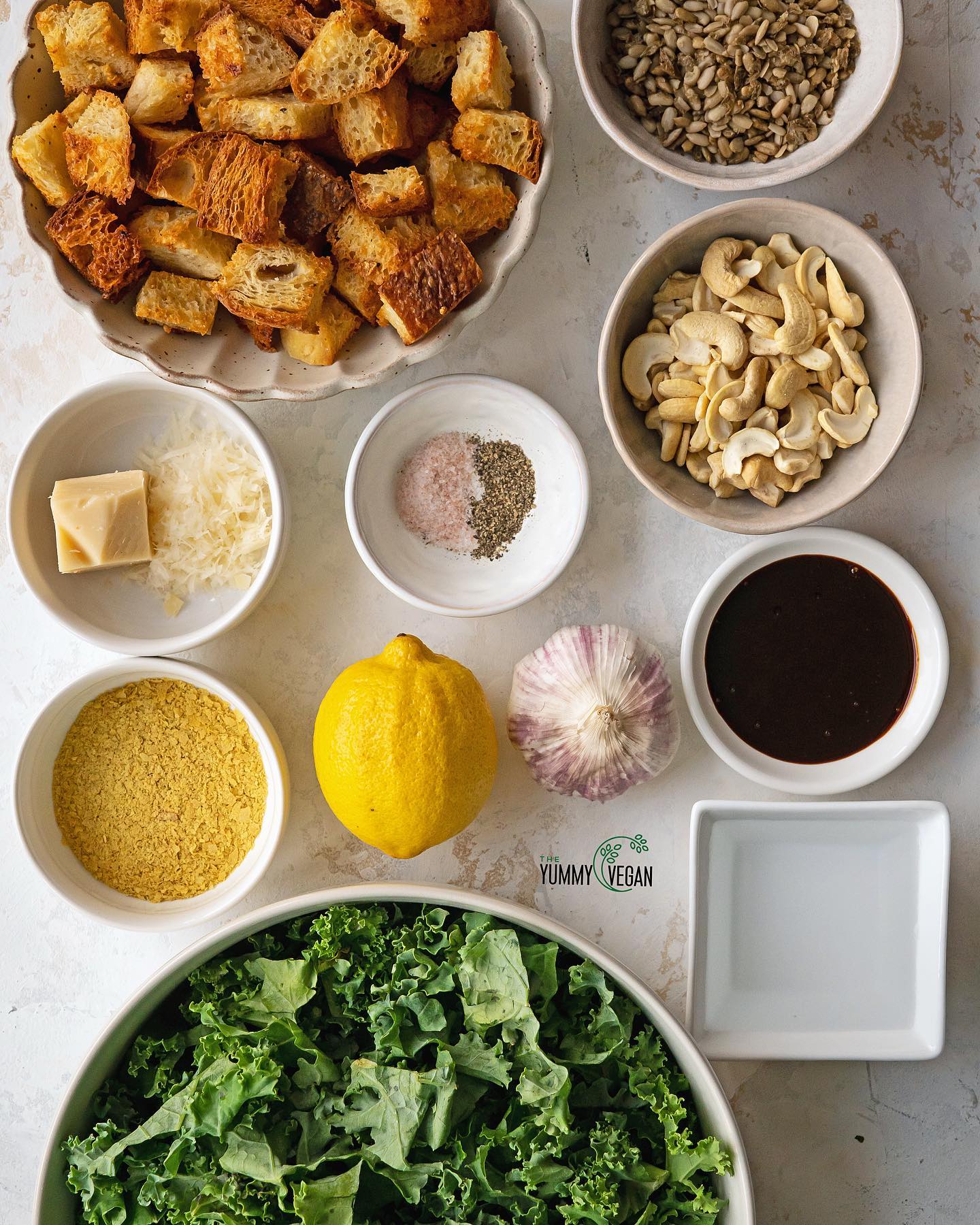 Massaged Kale Caesar Salad with Vegan Parmesan and Croutons