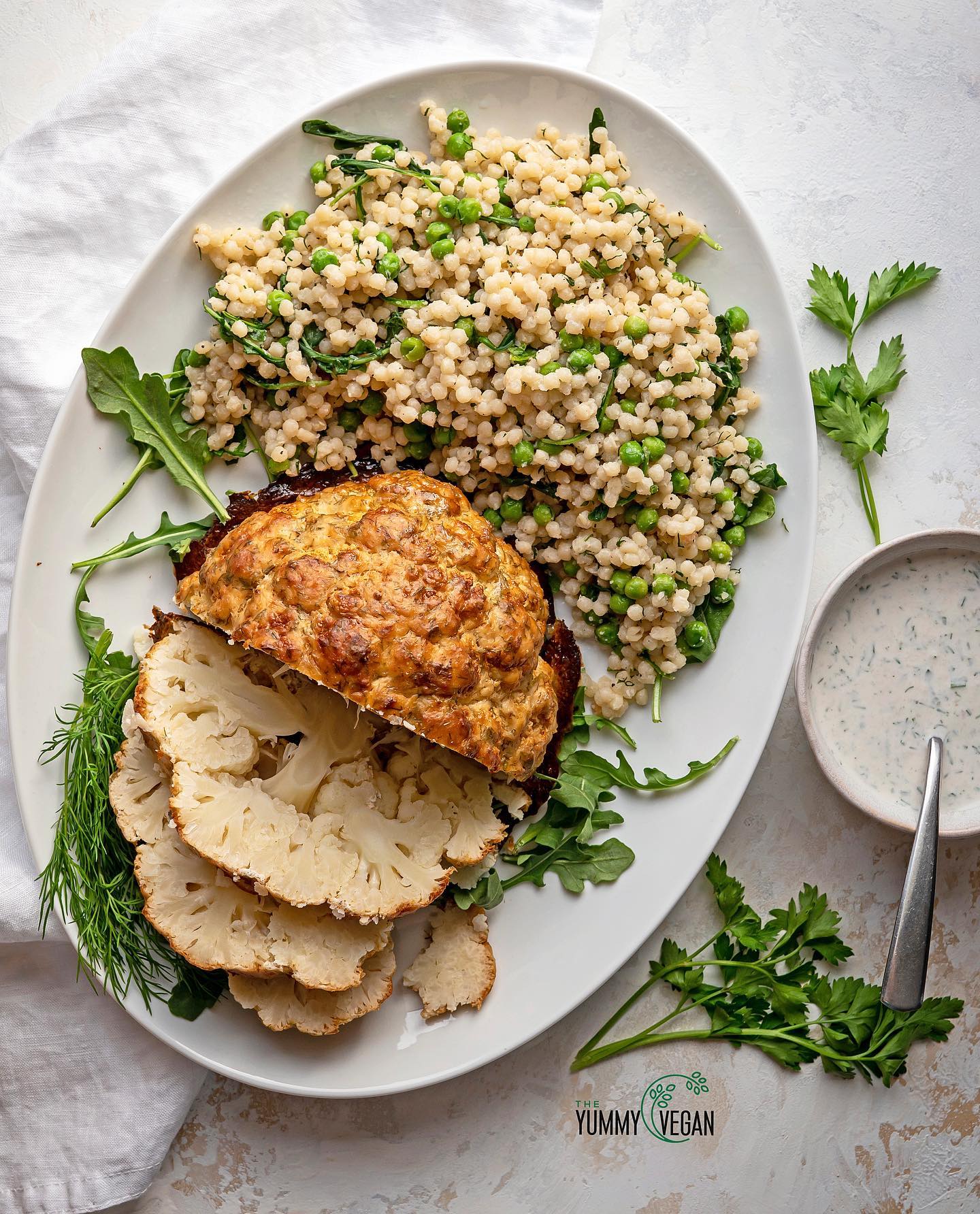 Creamy Horseradish & Dill Roasted Cauliflower with Israeli Couscous