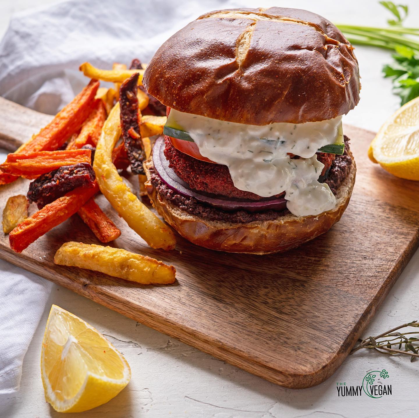 Beet Root Burger with Mixed Root Veggie Fries and Vegan Tzatziki