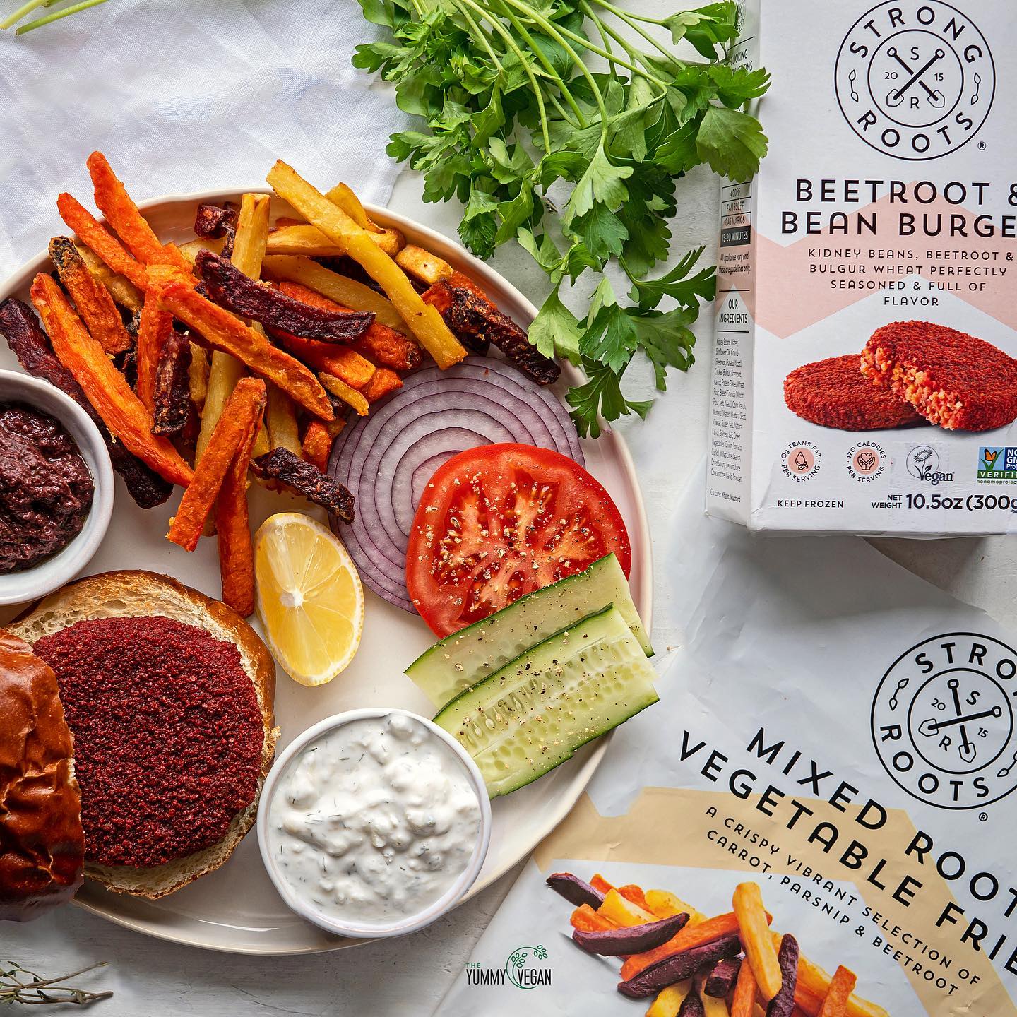 Beet Root Burger with Mixed Root Veggie Fries and Vegan Tzatziki