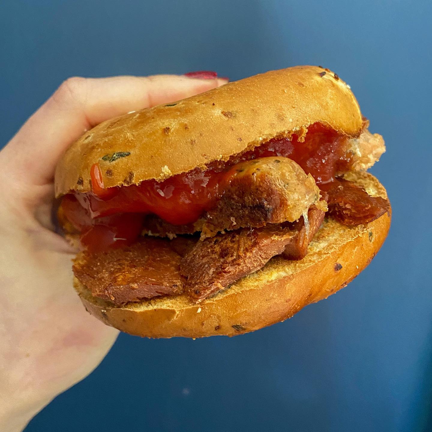 Vegan Sausage and Bacon Bagel