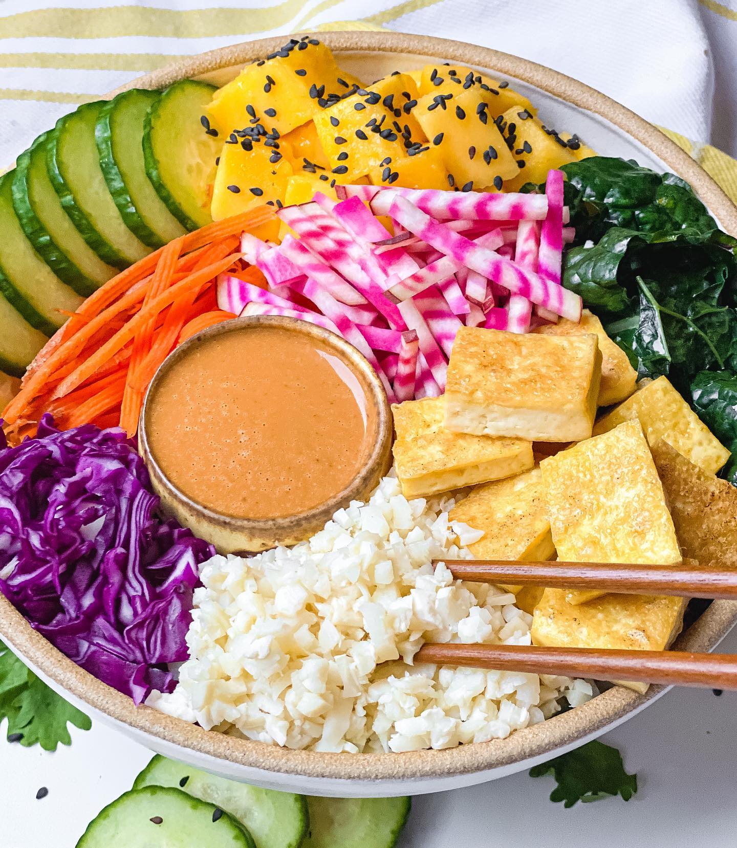 Crispy Tofu Rainbow Bowl with Sweet and Spicy Peanut Sauce