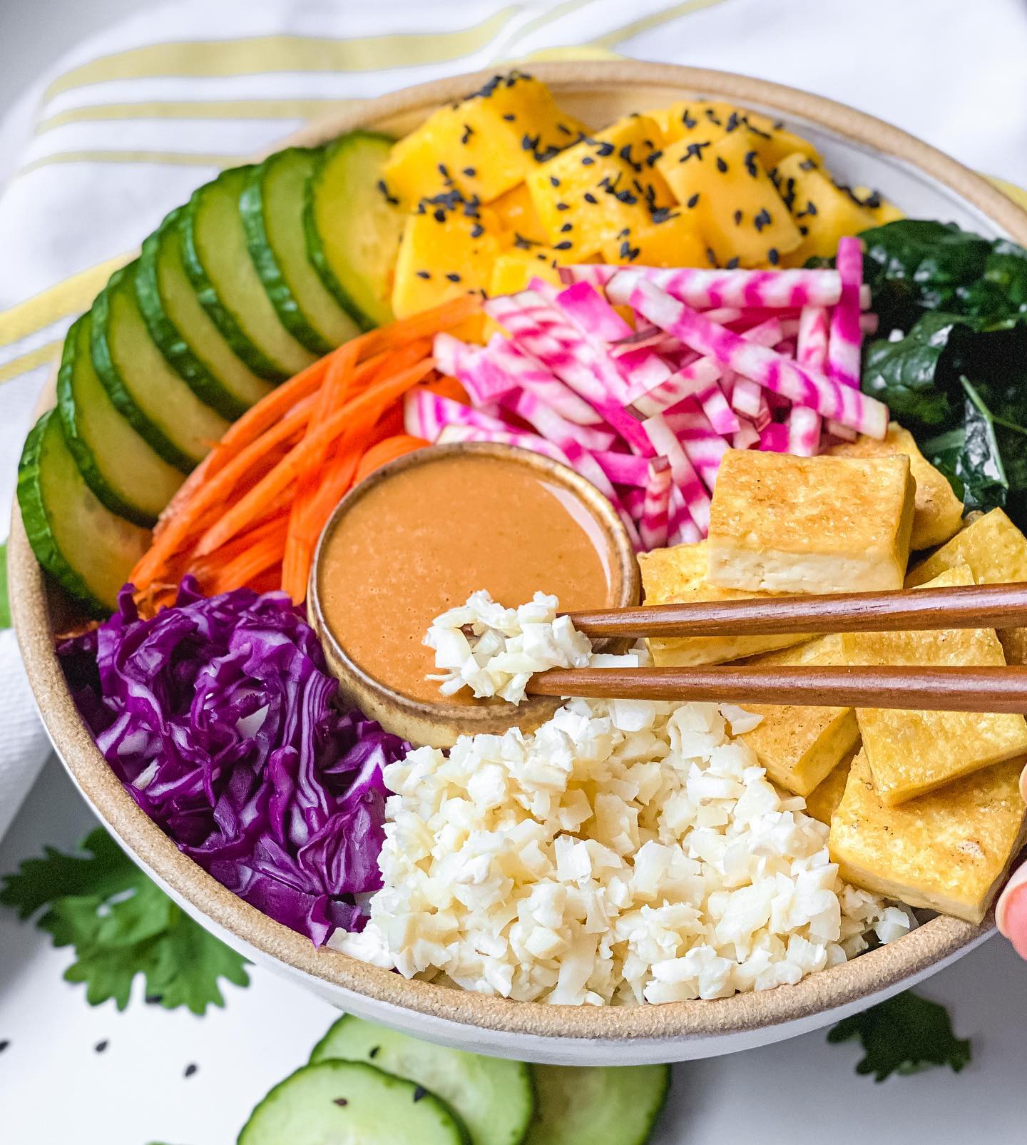 Crispy Tofu Rainbow Bowl with Sweet and Spicy Peanut Sauce