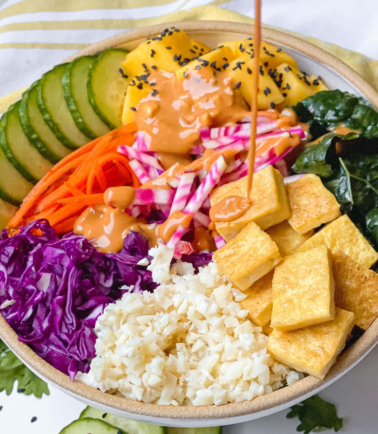 Crispy Tofu Rainbow Bowl with Sweet and Spicy Peanut Sauce
