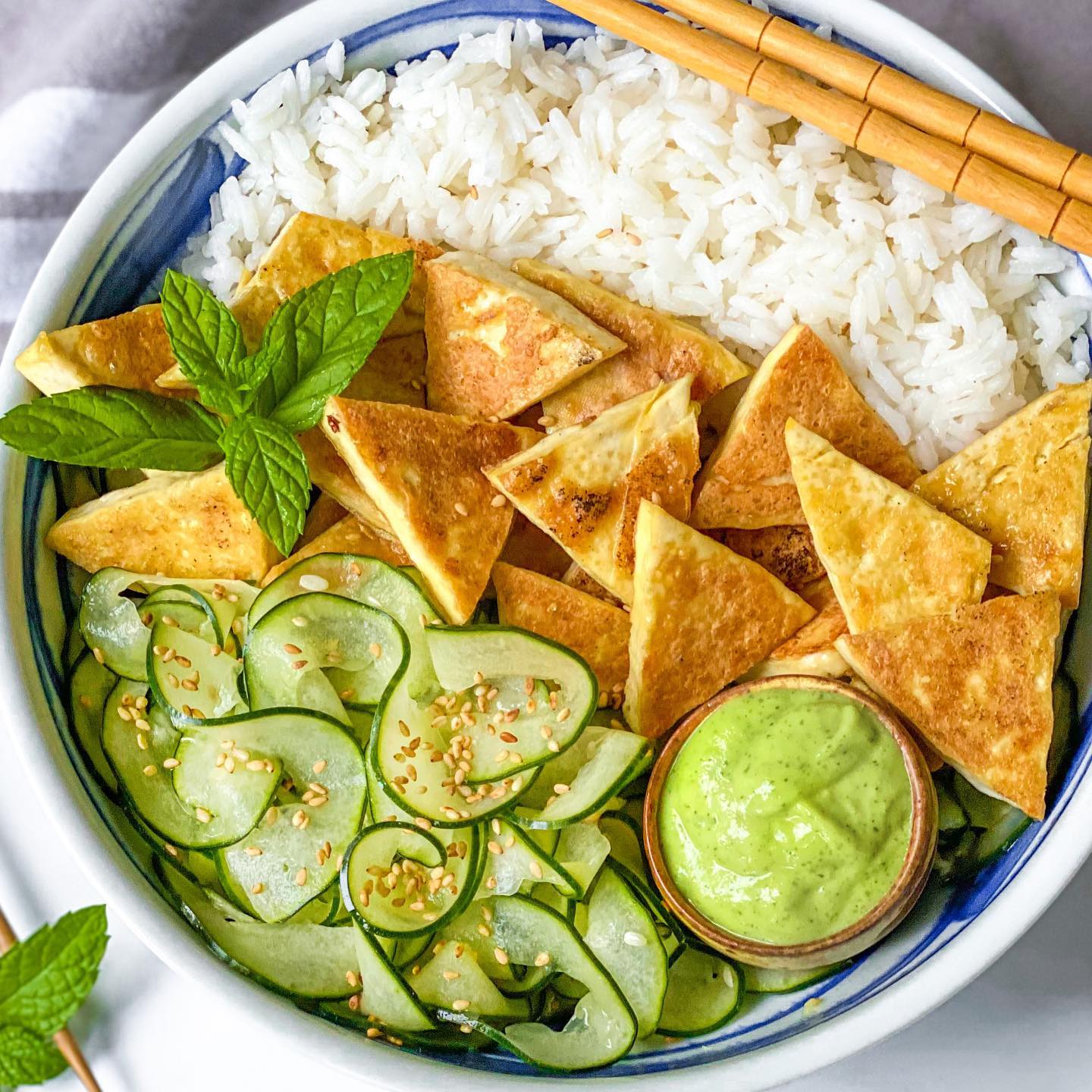 Crispy Tofu with Cucumber Salad and Wasabi Avocado Dressing