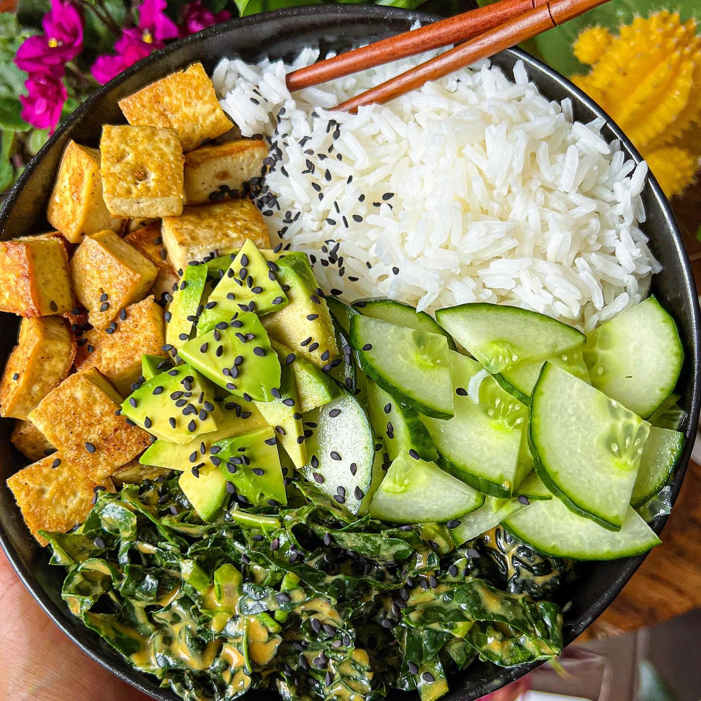 Crispy Tofu with Spicy Chili Mango Massaged Kale