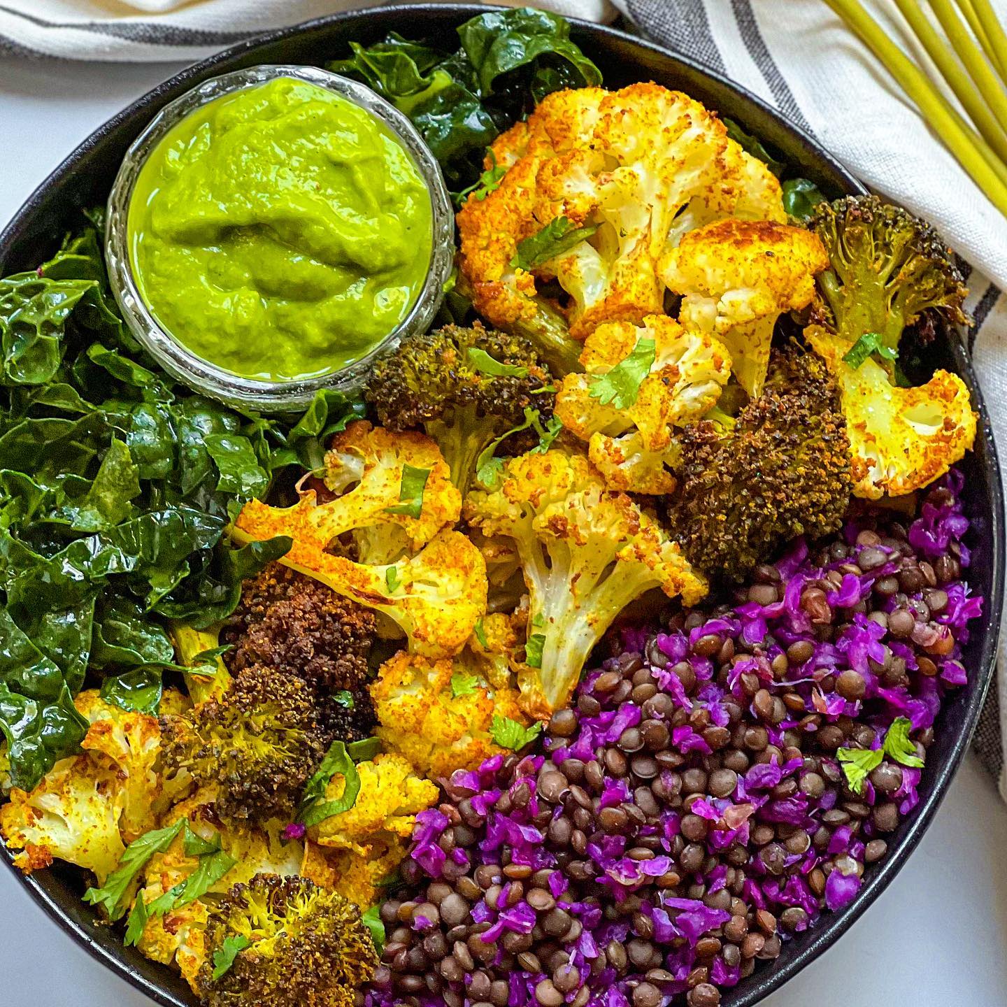 Curry Roasted Veggie Bowl with Black Lentils and Cucumber Lime Chutney