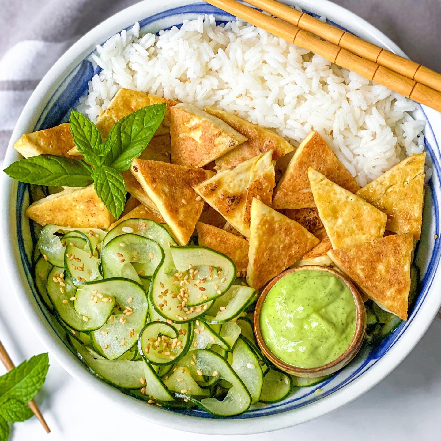 Crispy Tofu with Sesame Cucumber and Wasabi Dressing