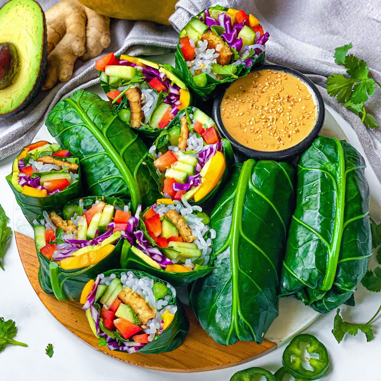 Sesame Ginger Tempeh Rainbow Wraps
