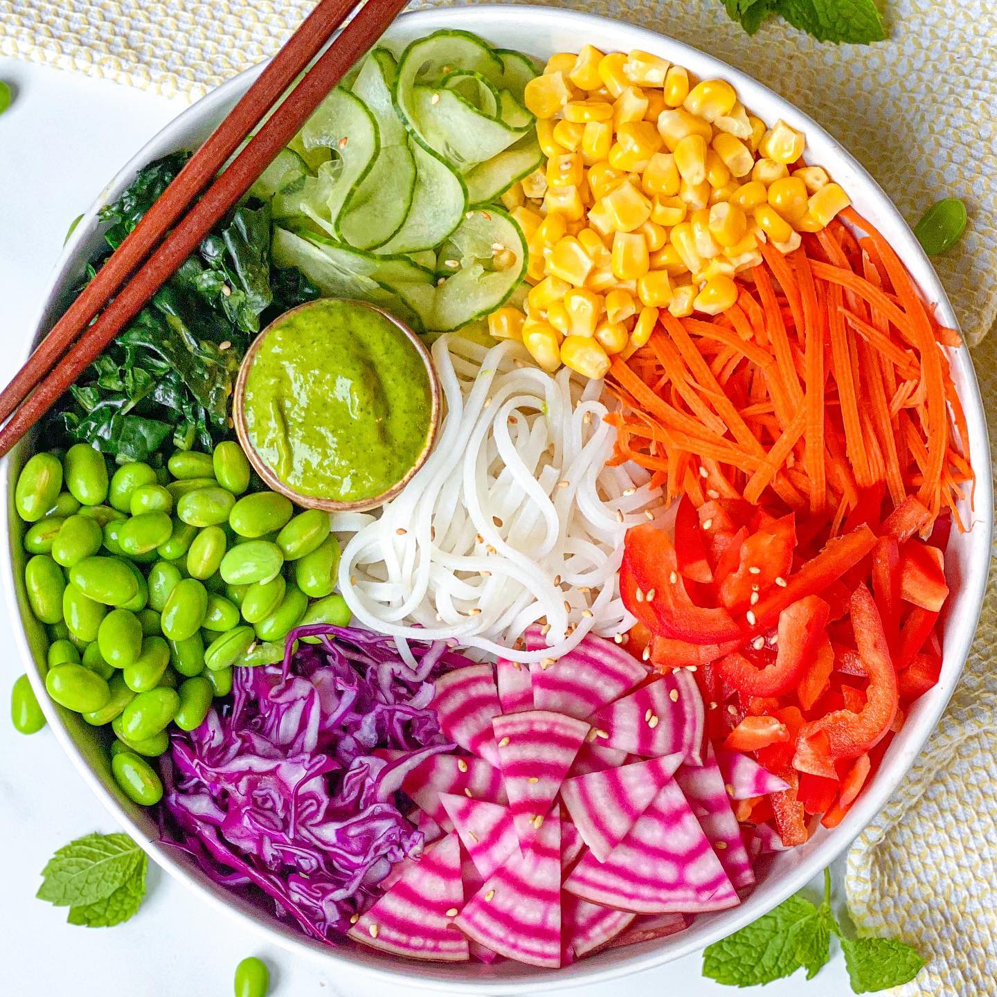 Rainbow Nourish Noodle Bowl with Mango Green Goddess Dressing