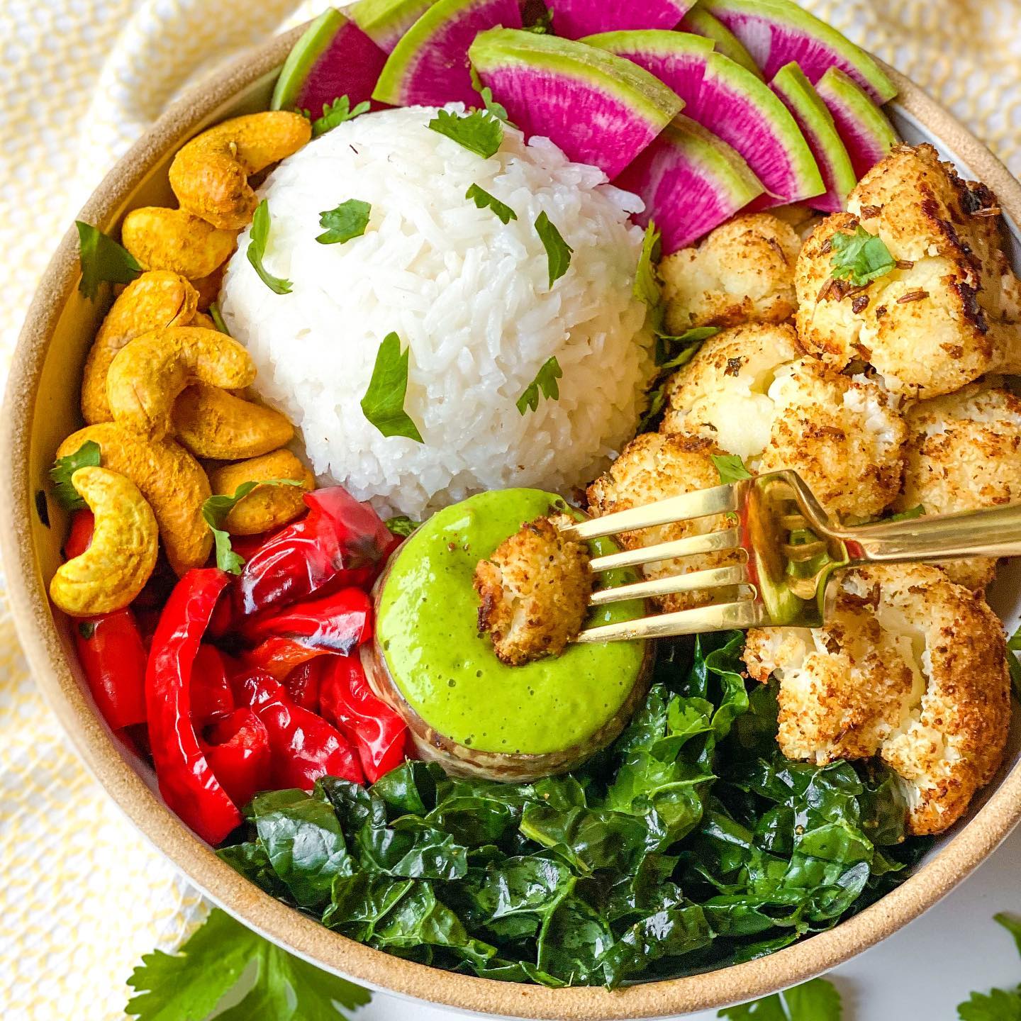 Spiced Cauliflower Rice Bowl with Mint Chutney