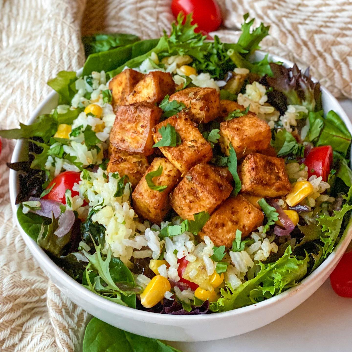 Crispy Chili Tofu with Cilantro Lime Rice Bowl