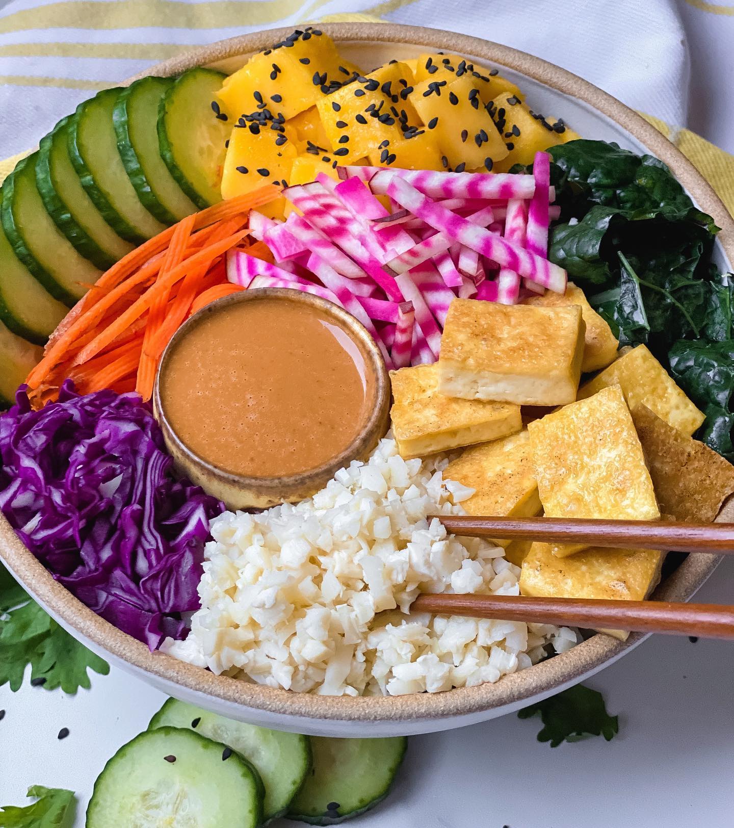 Crispy Tofu Rainbow Bowl with Peanut Sauce
