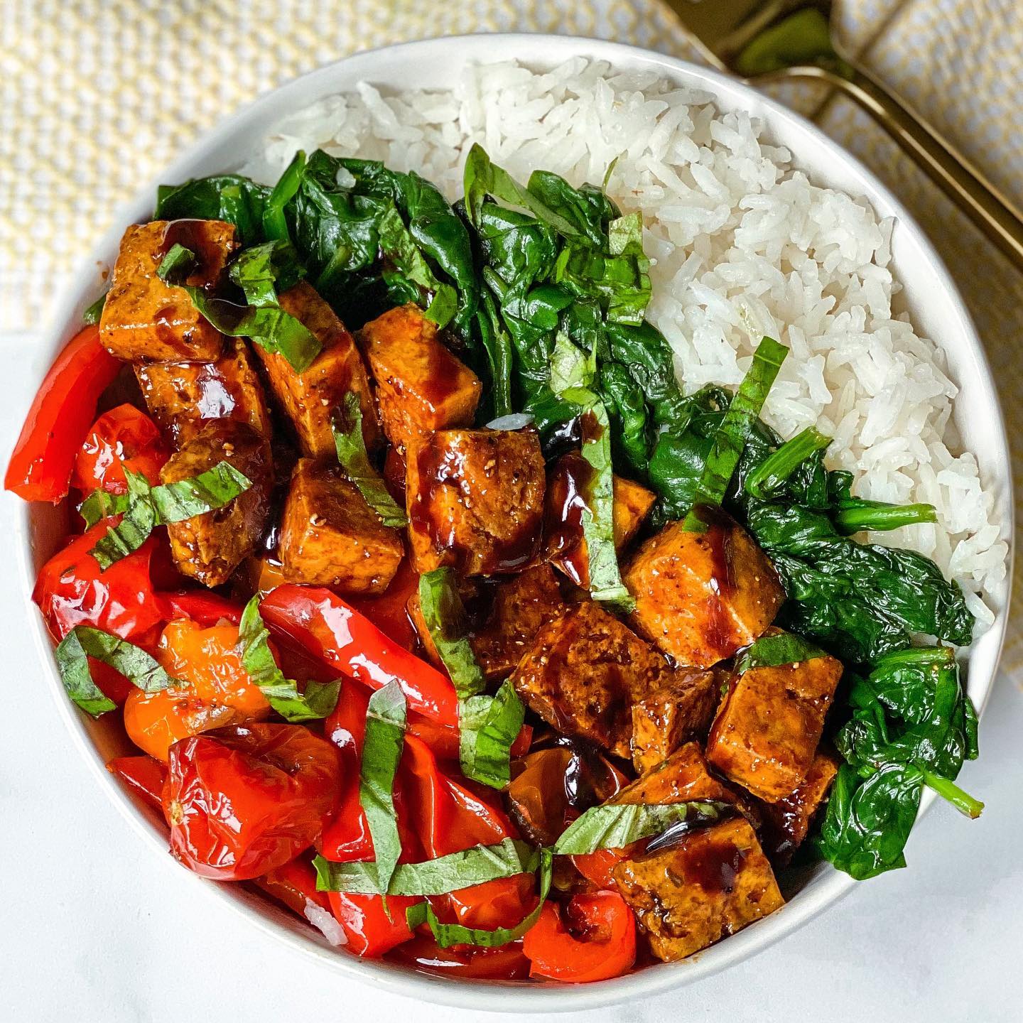 Roasted Tomato Balsamic Basil Tofu Bowls