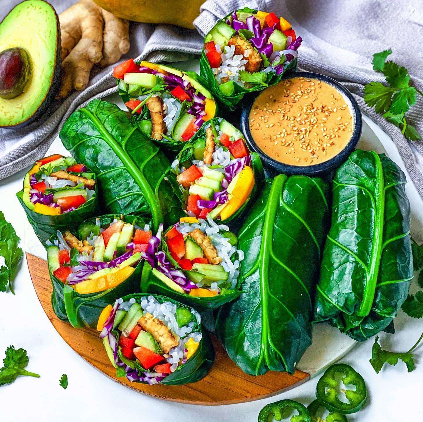 Sesame Ginger Tempeh Rainbow Wraps