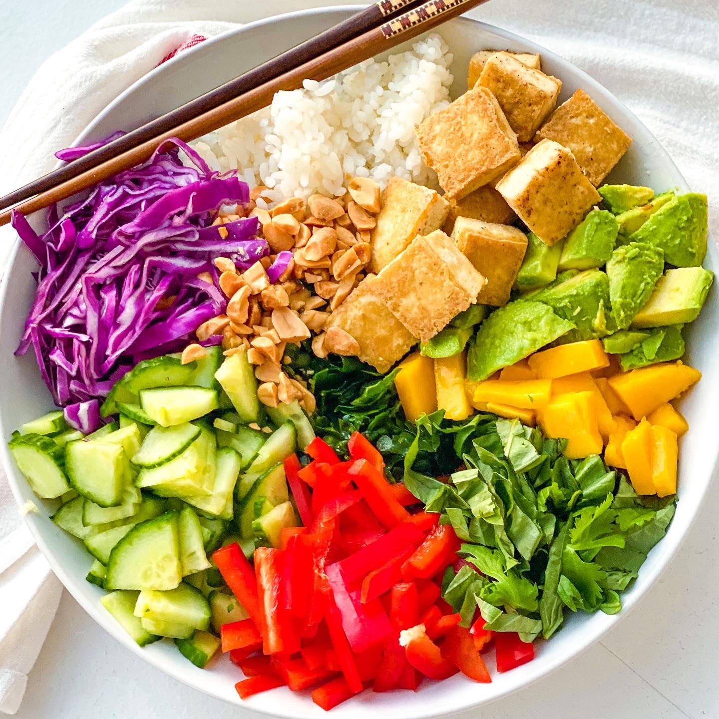 Crispy Tofu Rainbow Bowl with Peanut Sauce