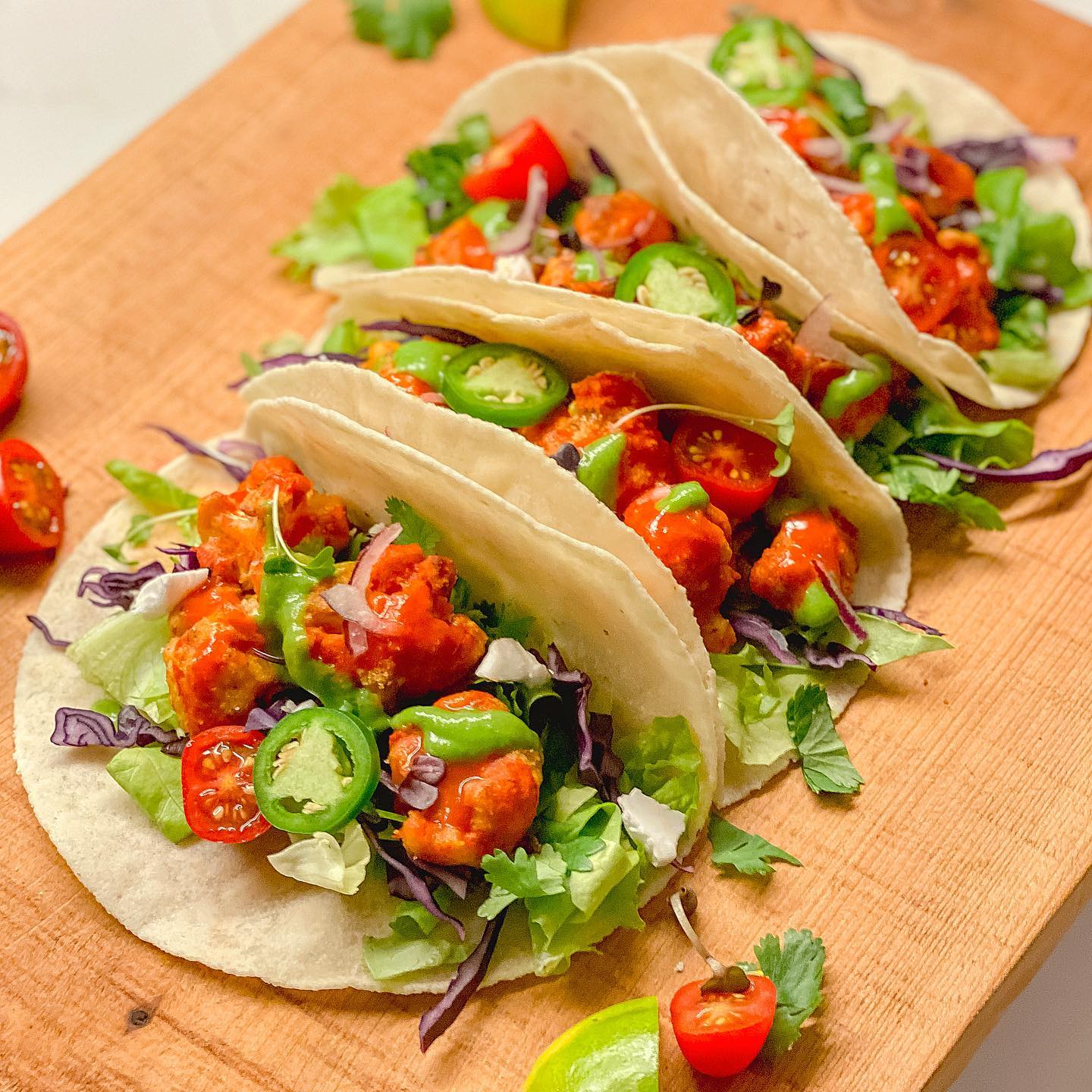Easy Buffalo Cauliflower Tacos with Cilantro Crema