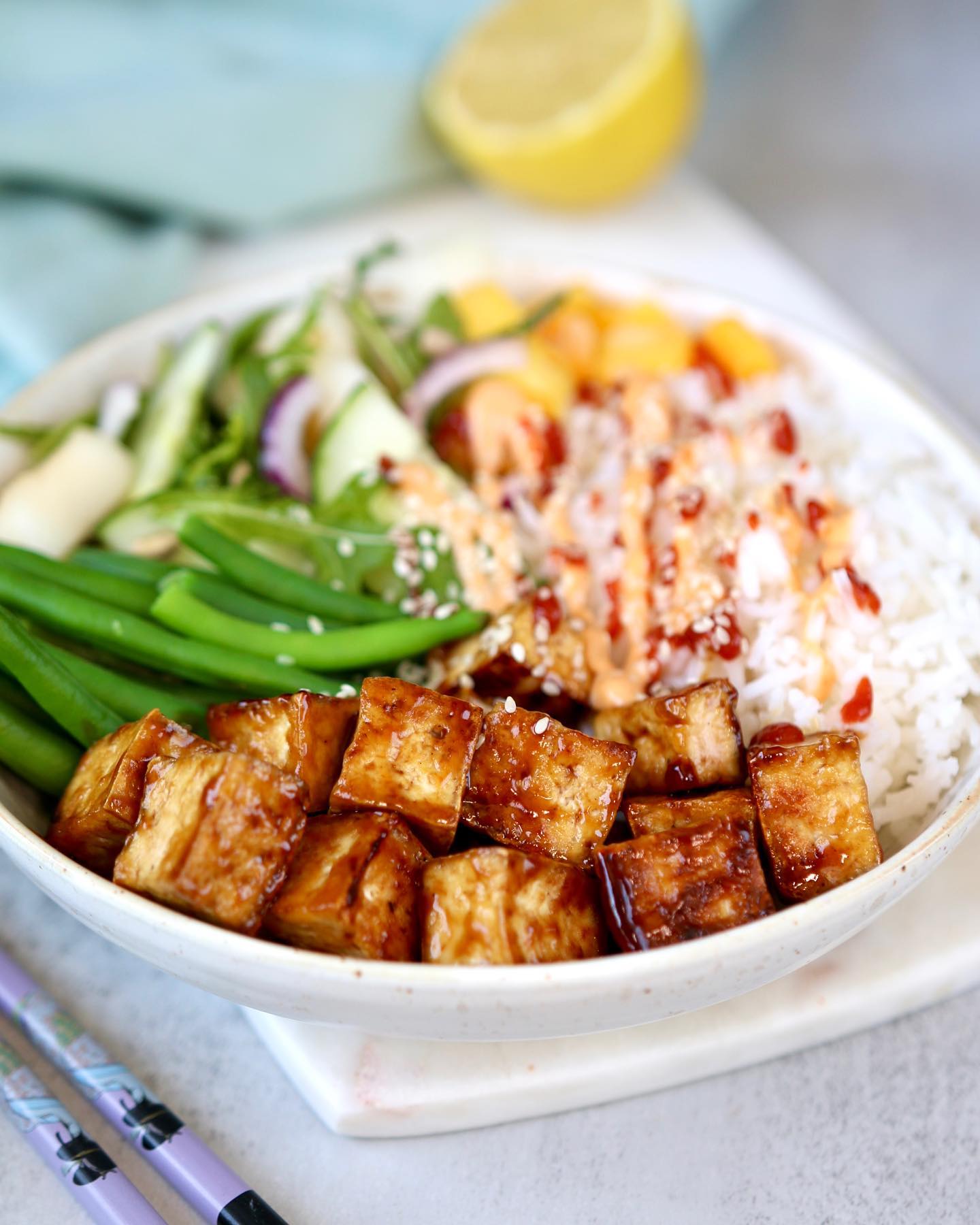 Teriyaki Tofu Veggie Bowl with Peanut Butter Sauce