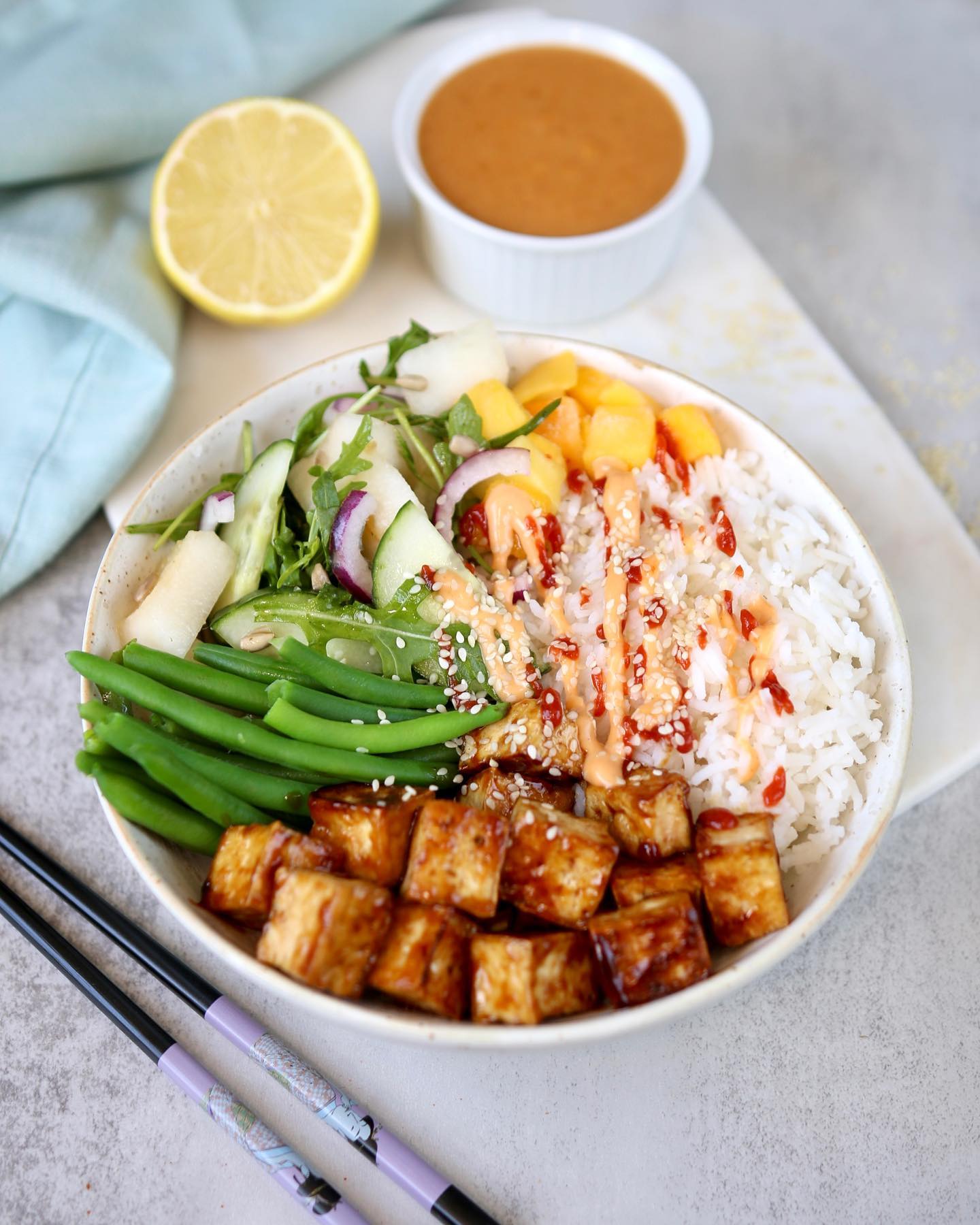Teriyaki Tofu Veggie Bowl with Peanut Butter Sauce