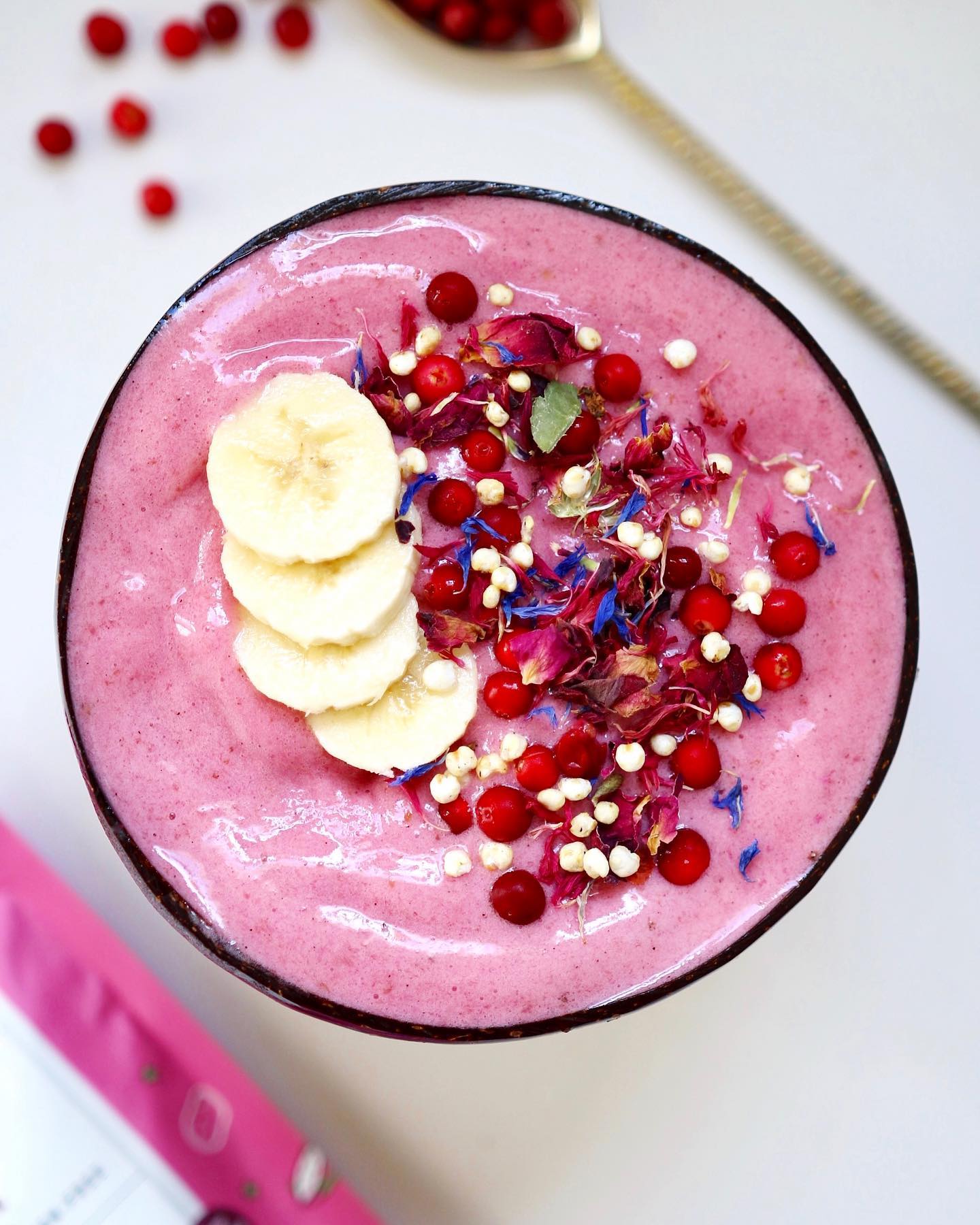 Pink Smoothie Bowl with Bananas and Lingonberries