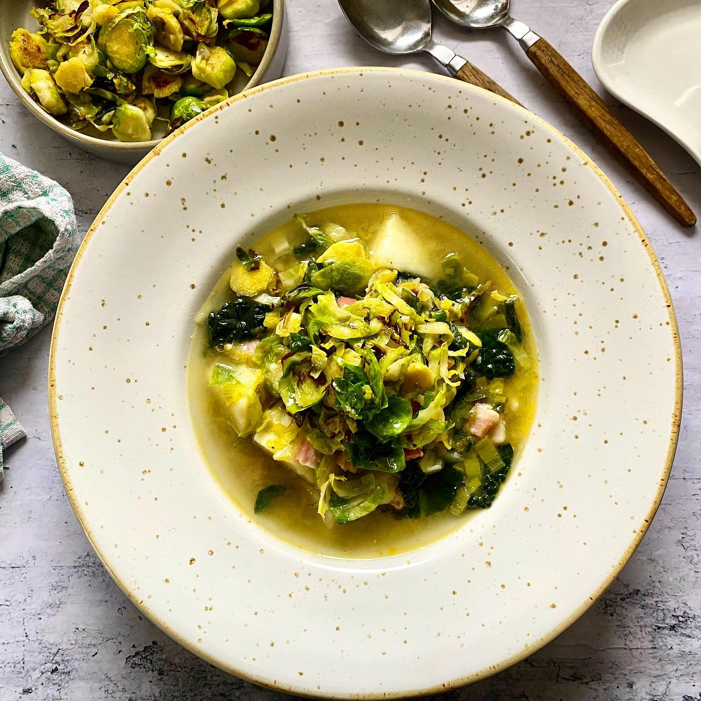 Bacon, Leek, and Potato Soup with Sprout Topper
