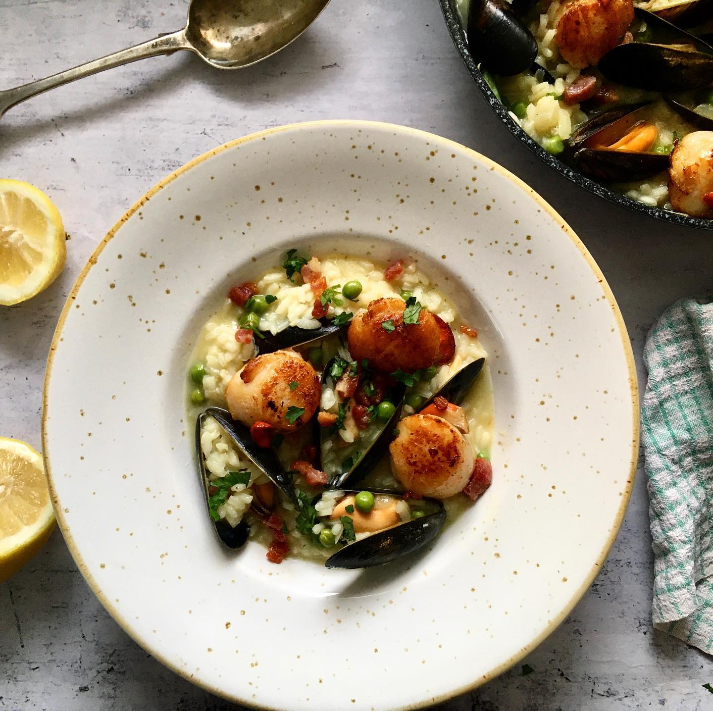 Seafood Risotto with Pan-Fried Scallops and Crispy Pancetta