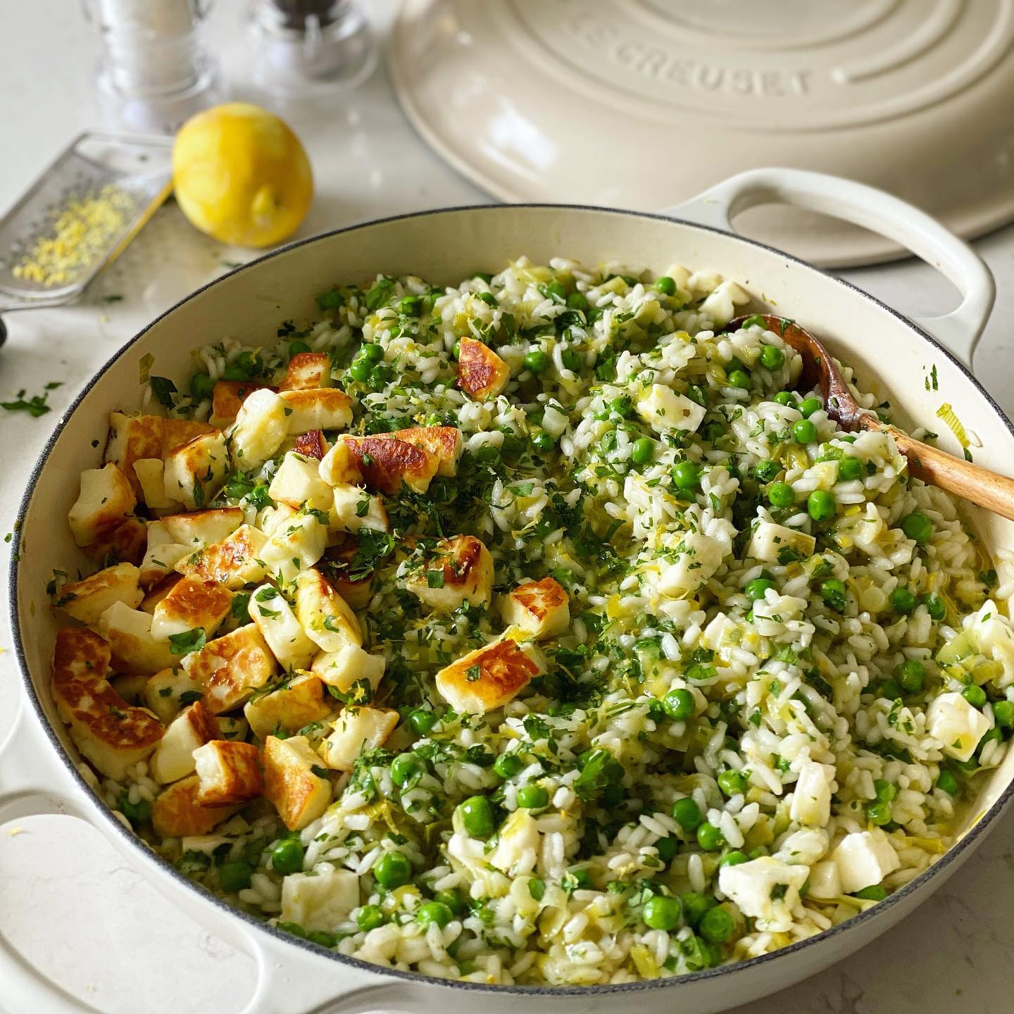 Leek, Pea, and Halloumi Risotto