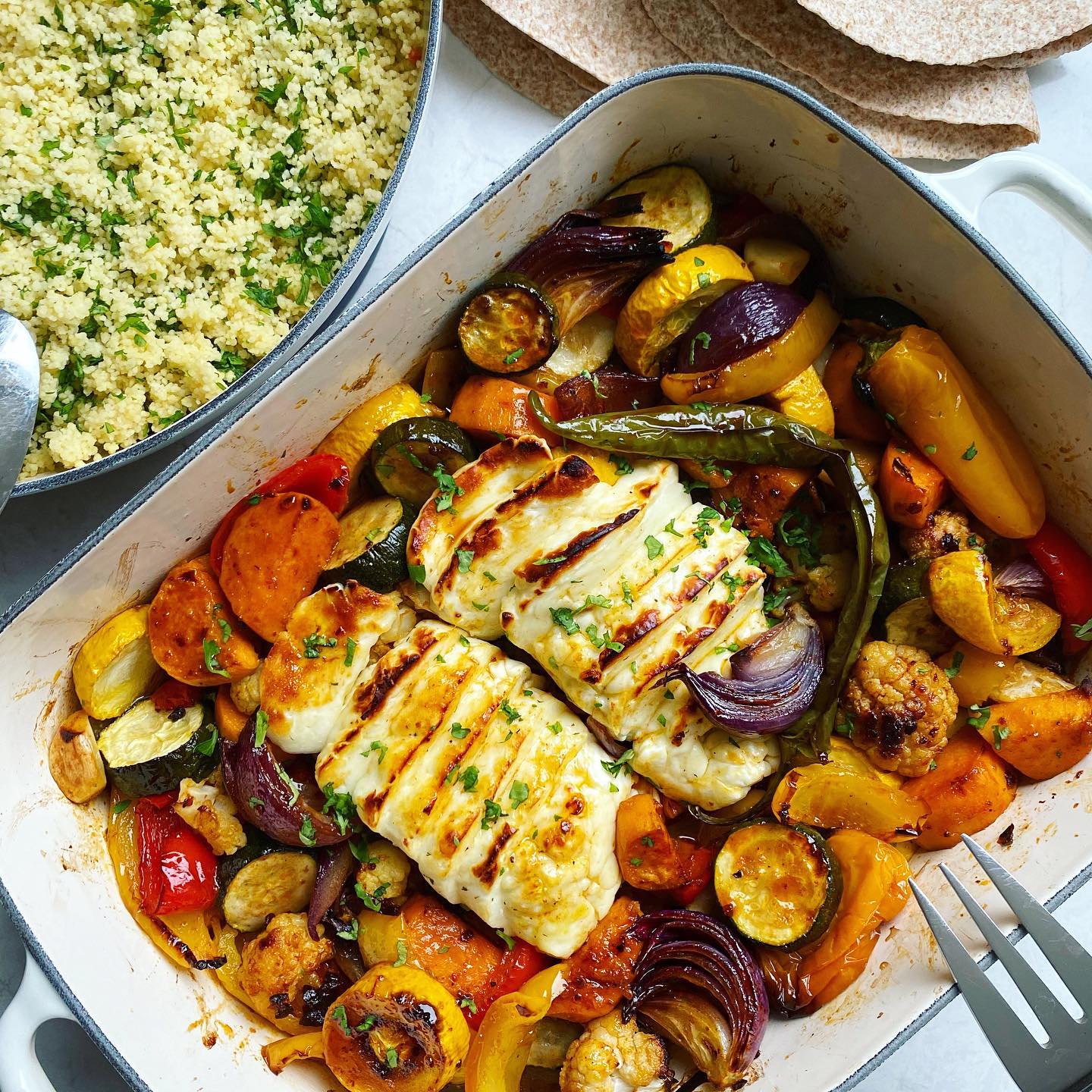 Sweet and Spicy Halloumi Vegetable Traybake