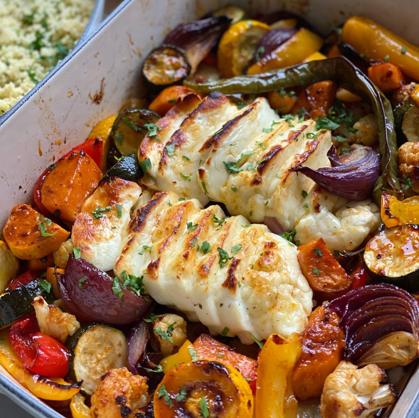 Sweet and Spicy Halloumi Vegetable Traybake
