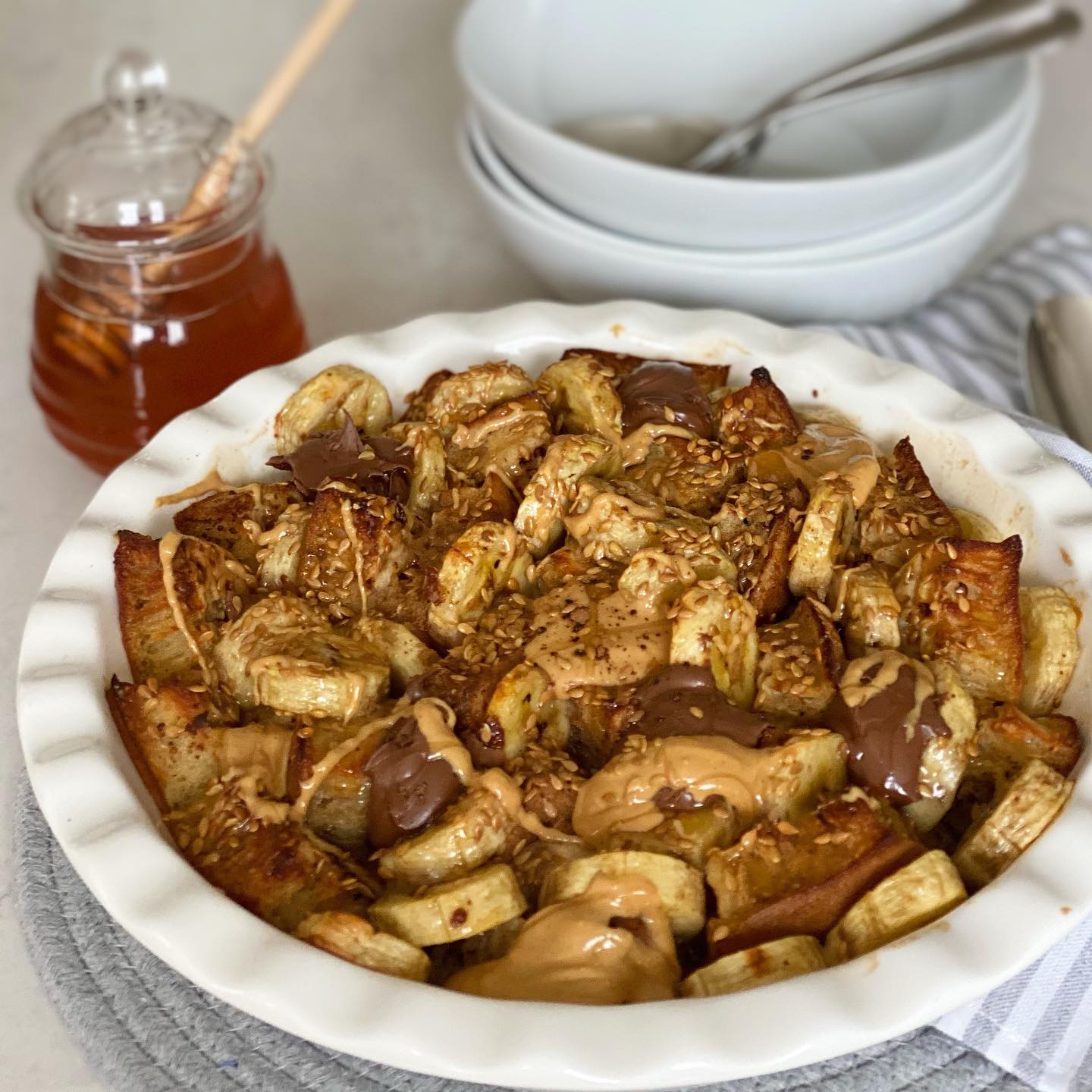 Crumpet Breakfast Bake with Bananas and Chocolate